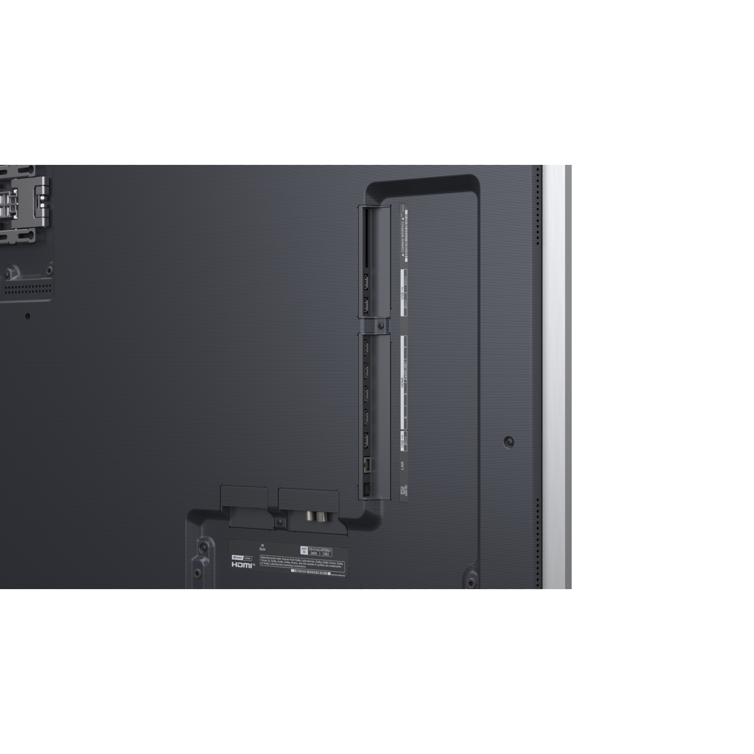 Close-up of the back of a TV showing ports, connections, and the surface.
