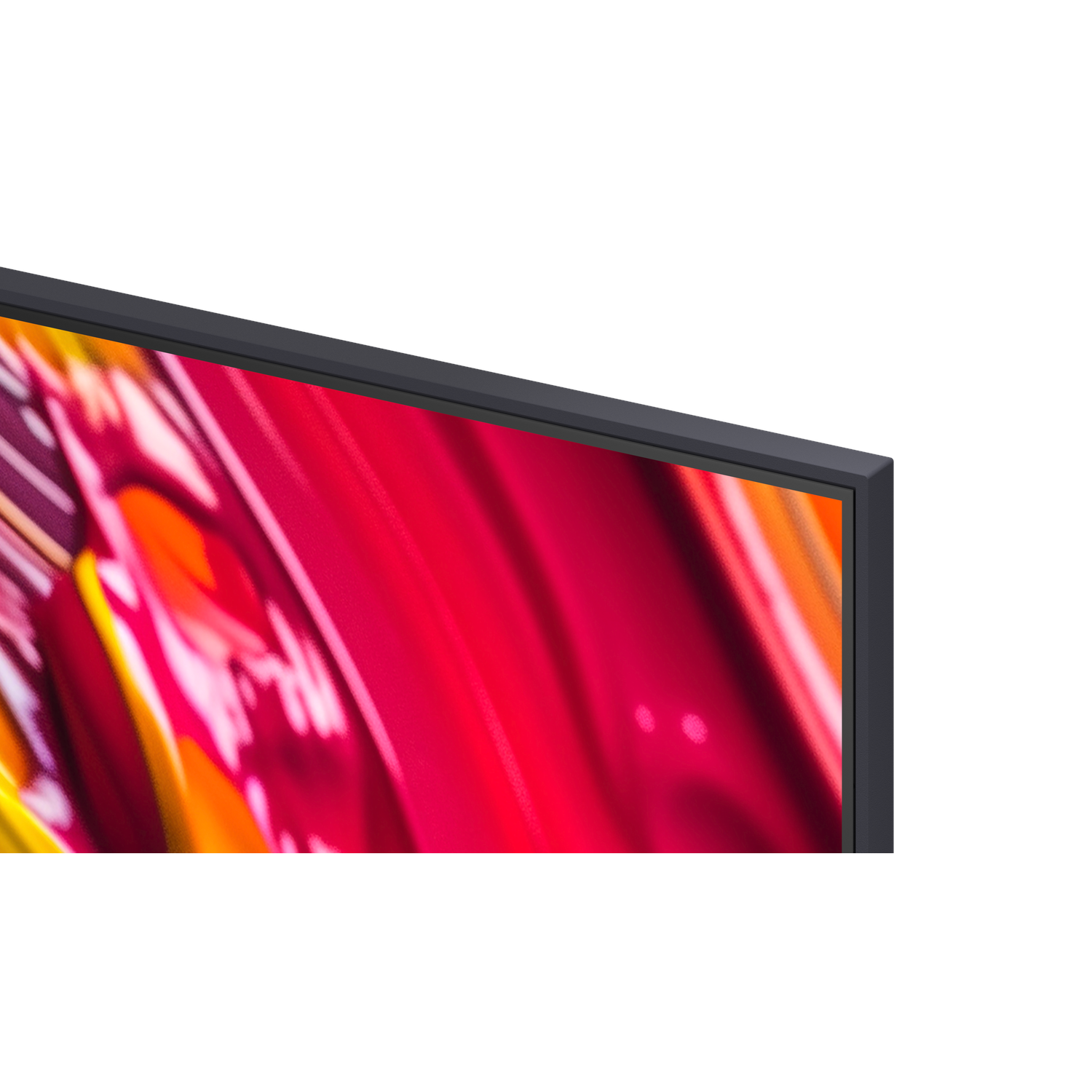 Close-up van een TV-hoek, zwart frame, kleurrijke abstracte kunst op het scherm.