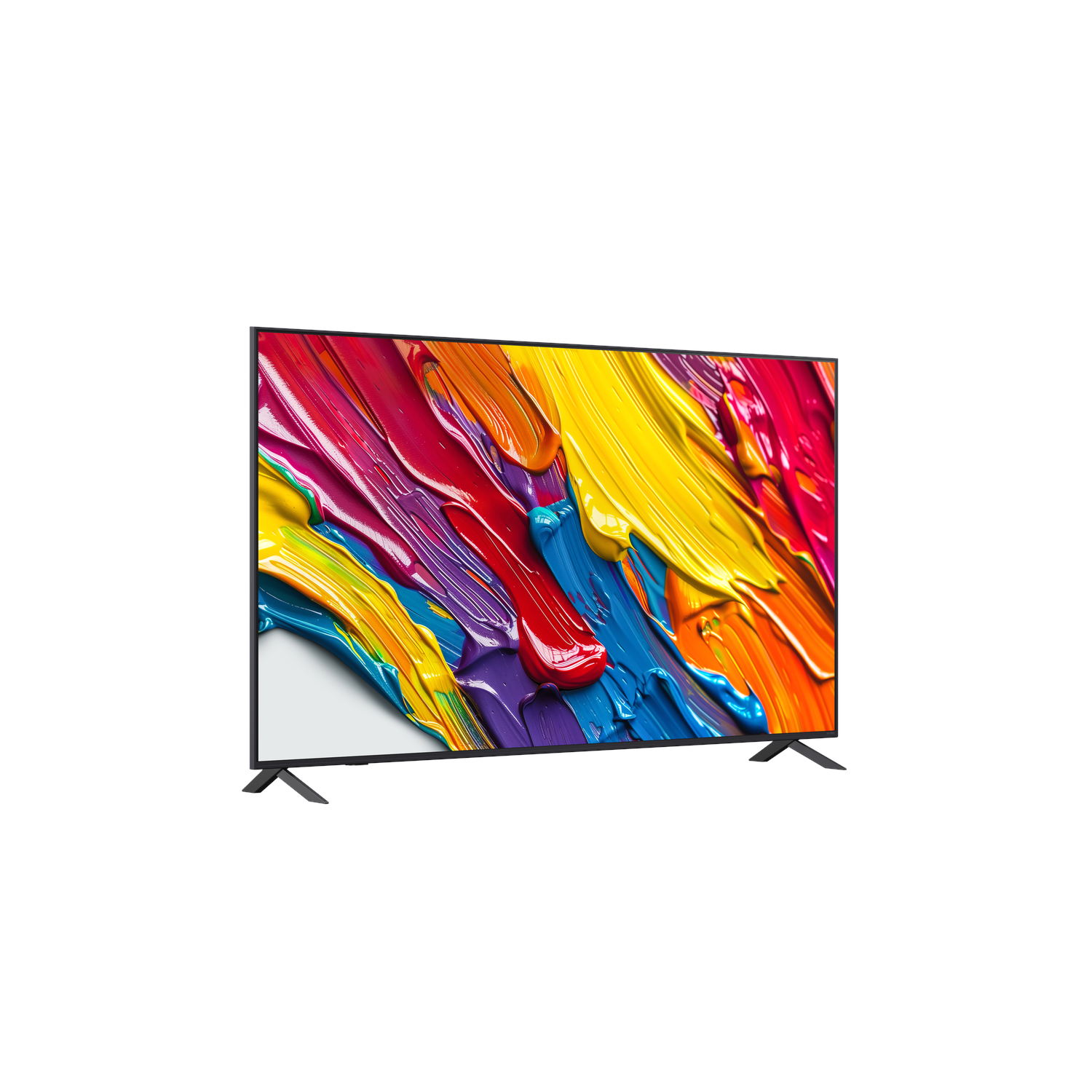 Een tv met een kleurrijk display, zwart frame en standaard. Witte achtergrond.