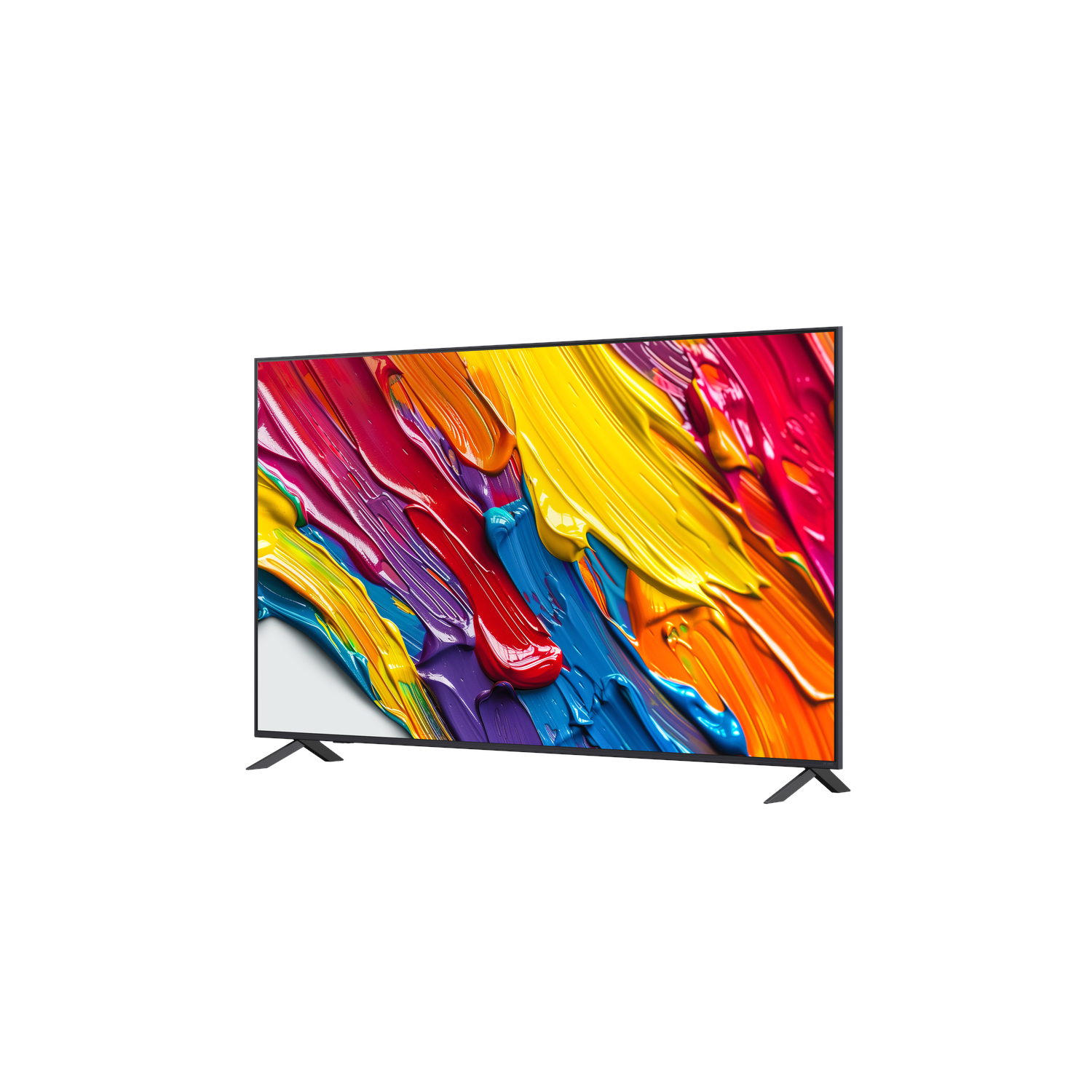 Grote flatscreen-tv met een zwart frame, met kleurrijke abstracte kunst, geïsoleerd op wit.