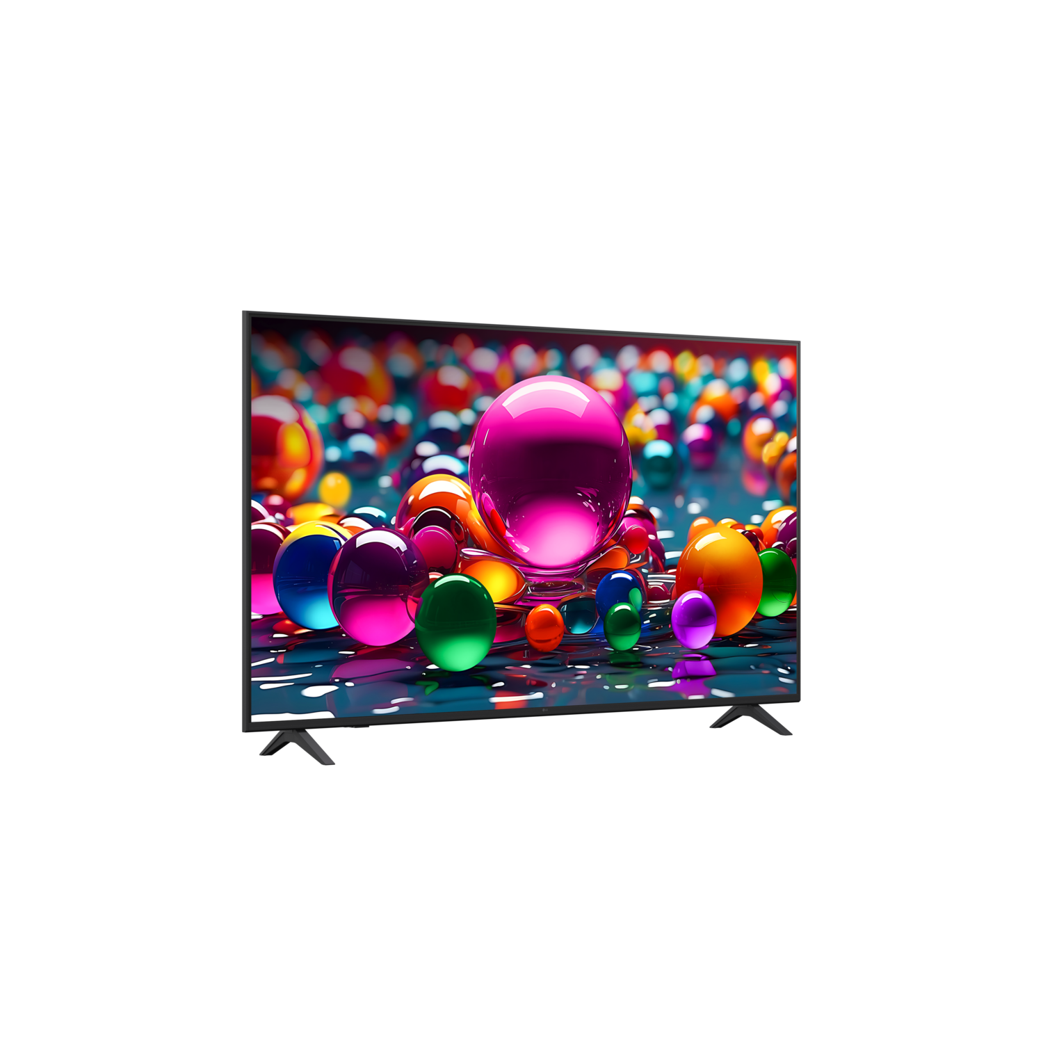Un écran de télévision affichant des sphères colorées et abstraites. La TV est sur noir.