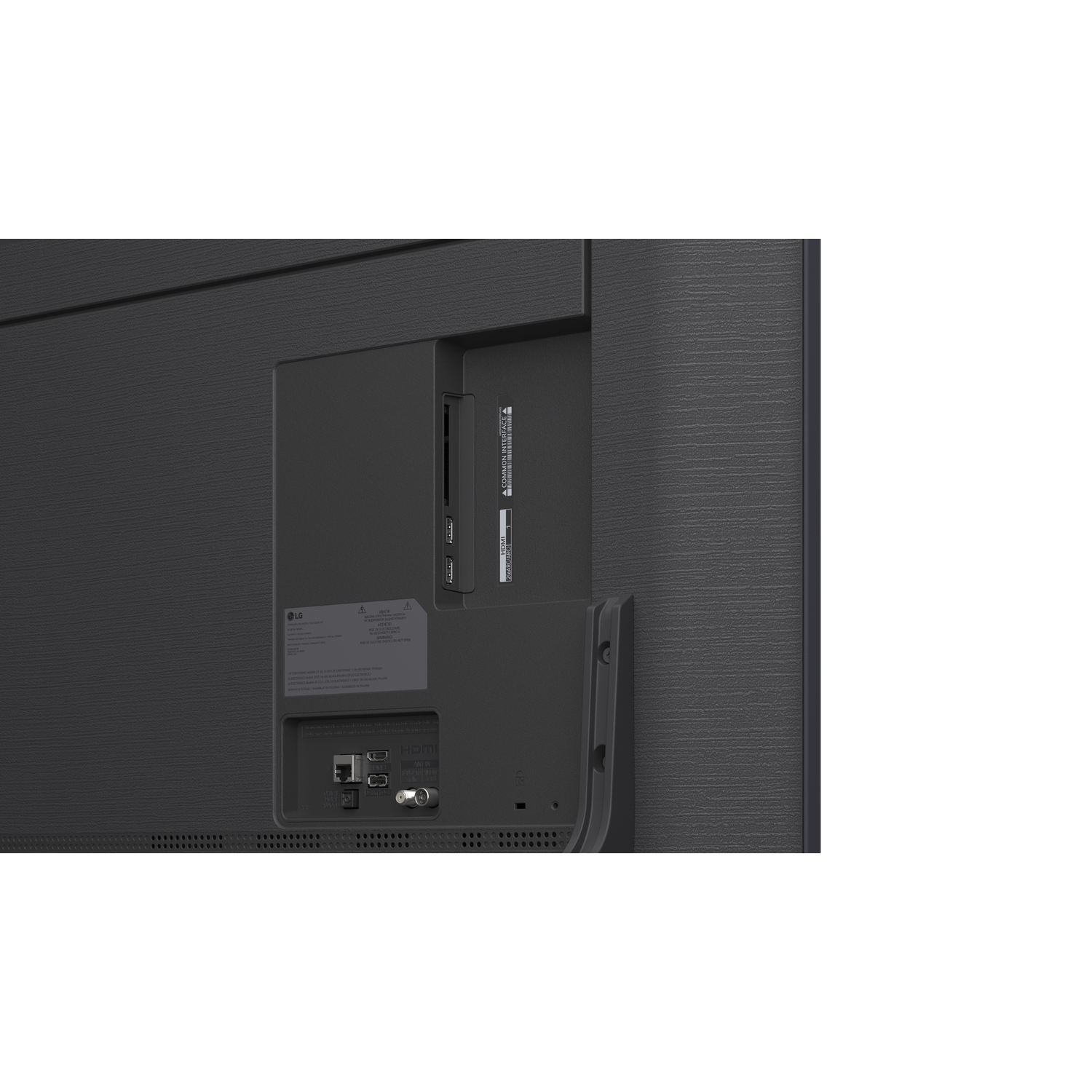 Achteraanzicht van een donkergrijze LG TV met aansluitpoorten.