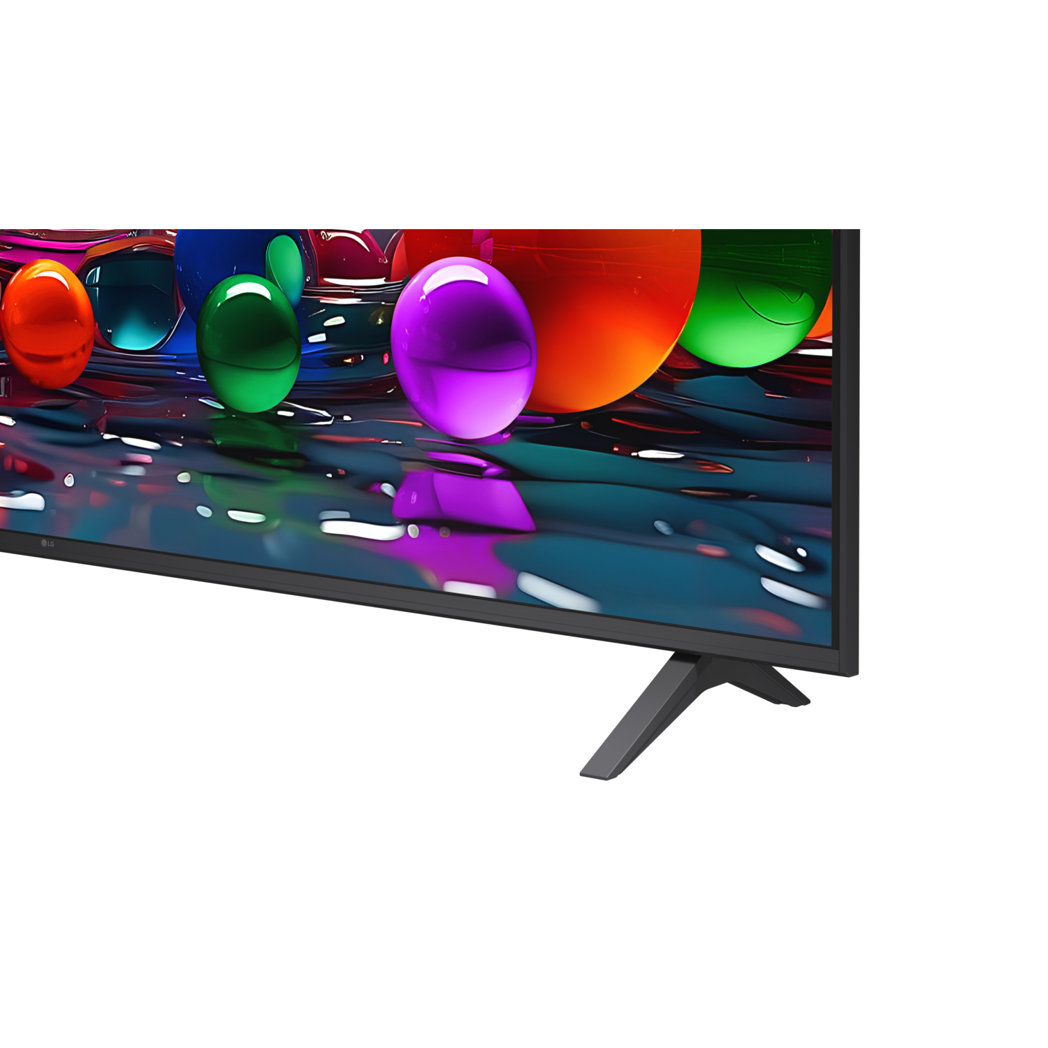 TV affichant des sphères colorées, avec cadre et pied noirs, sur fond noir.