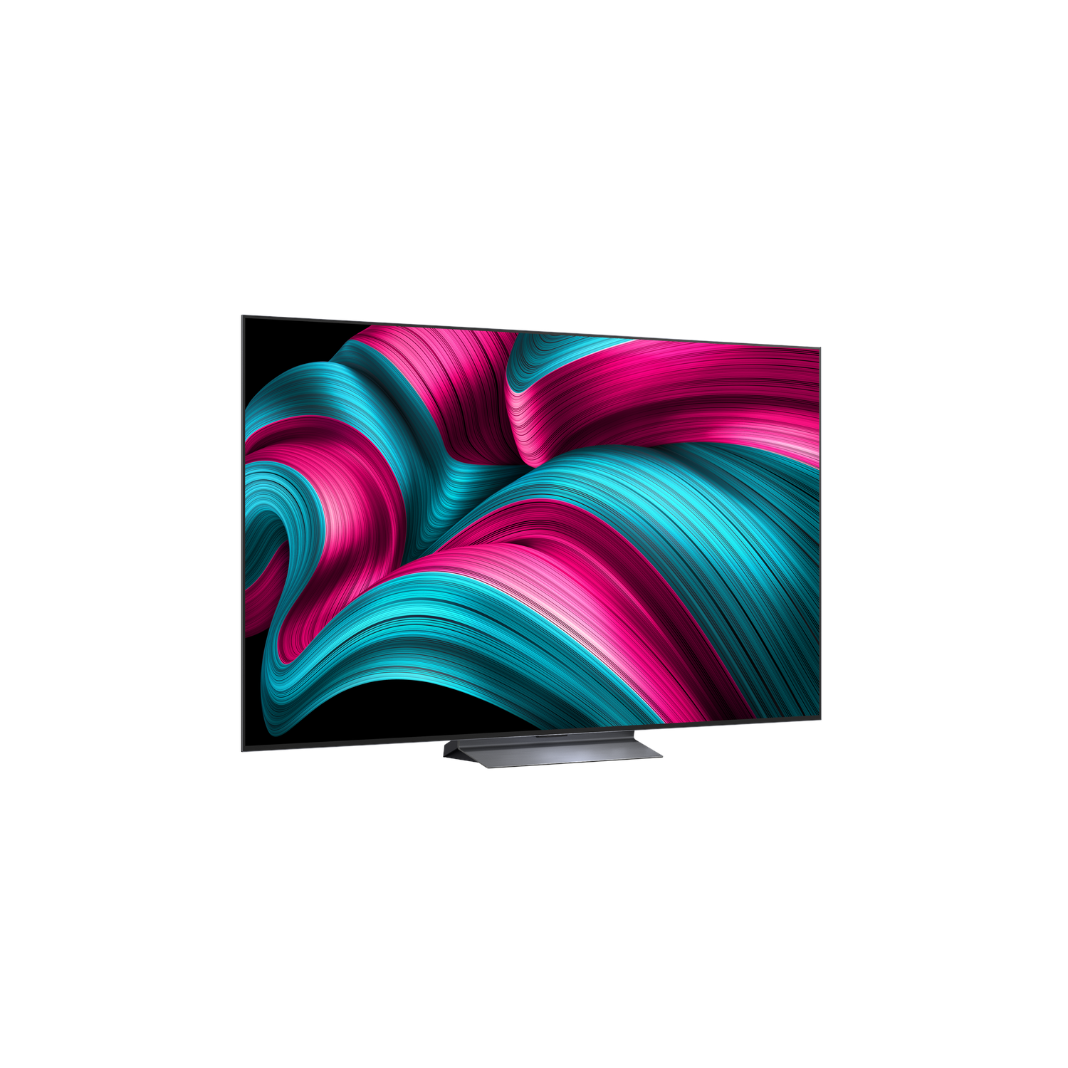 Een tv-scherm met een levendige weergave van roze en turquoise golven op een zwarte achtergrond.