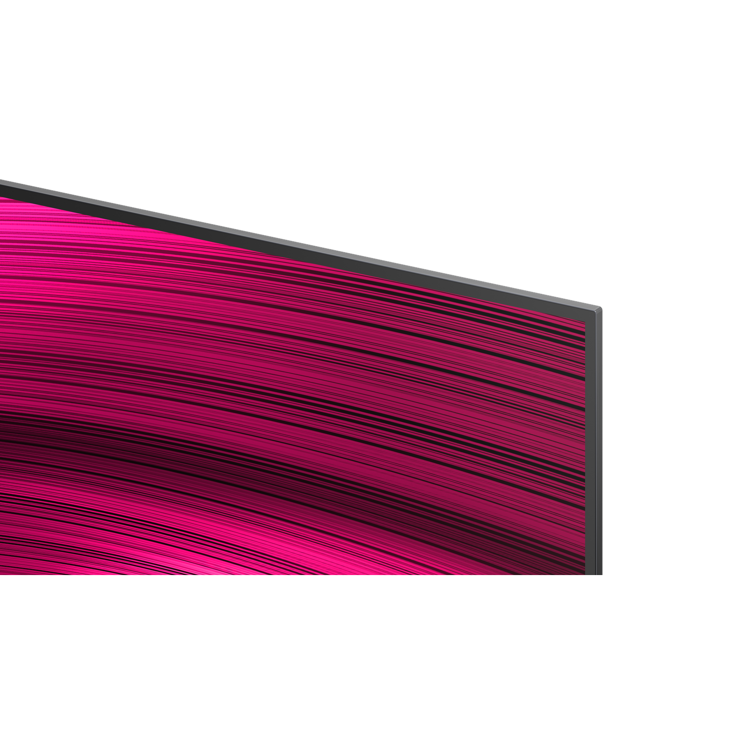 Gebogen tv-scherm met roze abstracte lijnen op zwarte achtergrond, close-up.