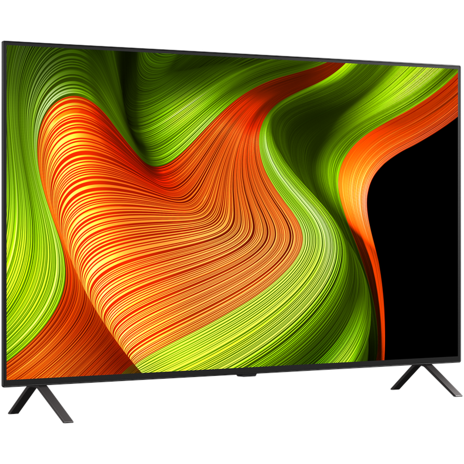 Un téléviseur à écran plat affiche un motif abstrait et coloré de vert, orange et noir. Le téléviseur est sur des pieds noirs.