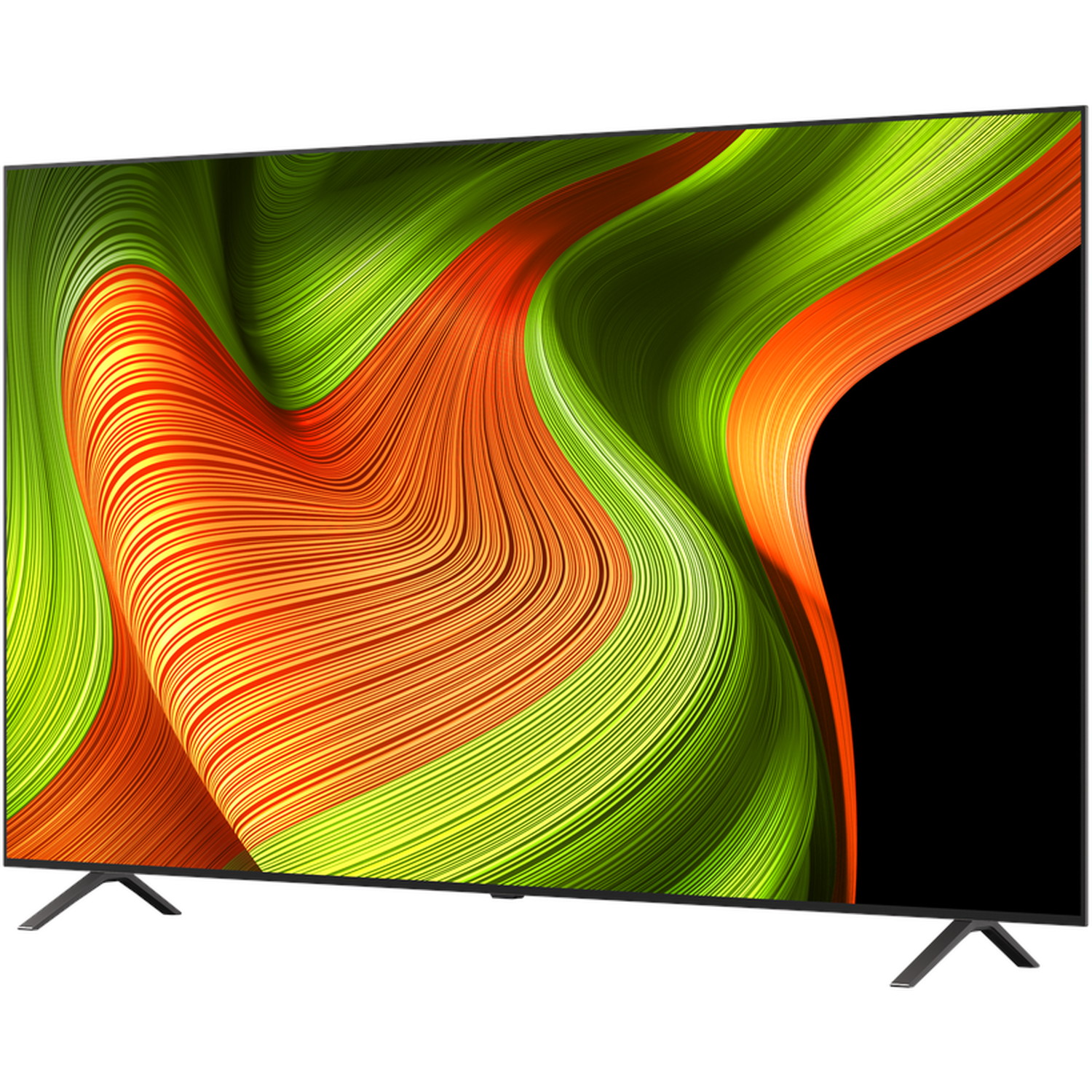 Un téléviseur à écran plat affiche un motif tourbillonnant orange, vert et noir. Le téléviseur a des pieds et un cadre noirs et est posé sur un fond blanc.