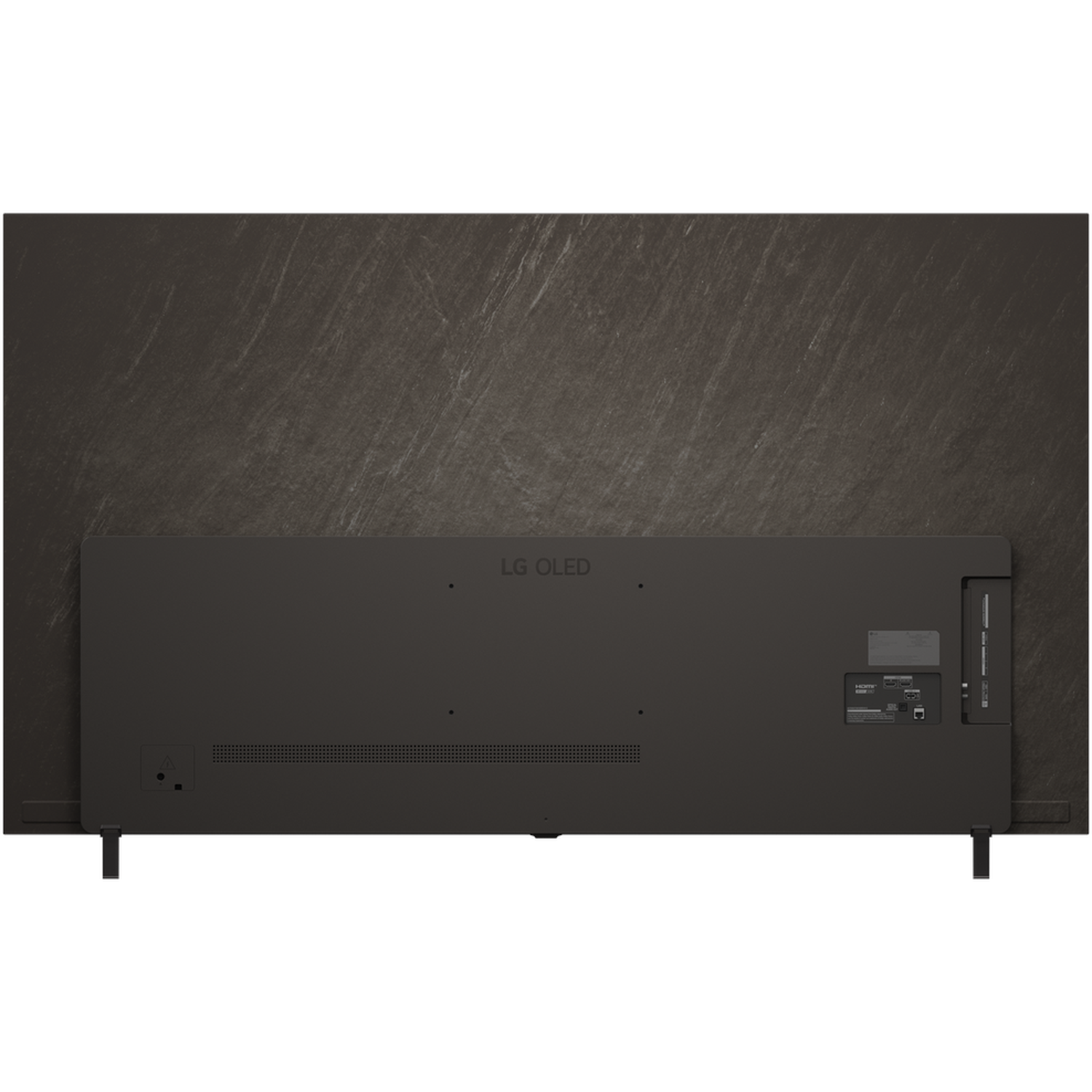 L'arrière d'un téléviseur LG OLED noir est montré. Il a un fond texturé gris foncé. Du texte et des ports sont visibles.