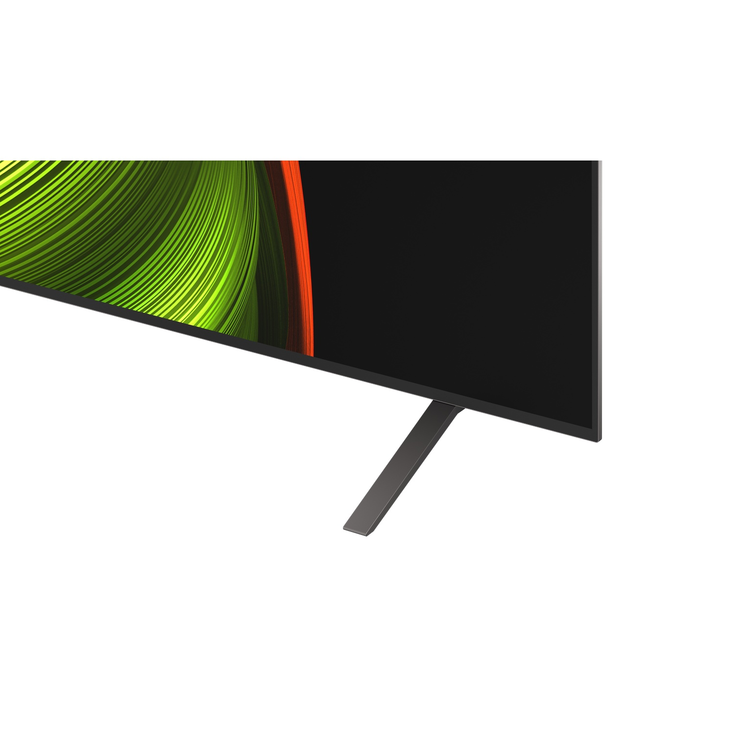 Un téléviseur noir avec un support. L'écran affiche de l'art abstrait vert et orange. Fond blanc.