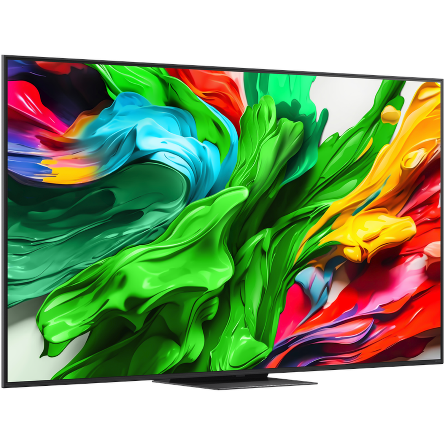 Un téléviseur à écran plat affiche de l'art abstrait coloré. Des coups de pinceau verts, jaunes, rouges et bleus dominent l'écran sur fond blanc.
