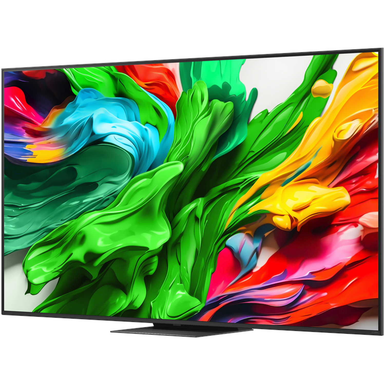 Une grande télévision affiche un art abstrait coloré en vert, bleu, jaune et rouge. La télévision a un cadre et un pied noirs, sur fond blanc.