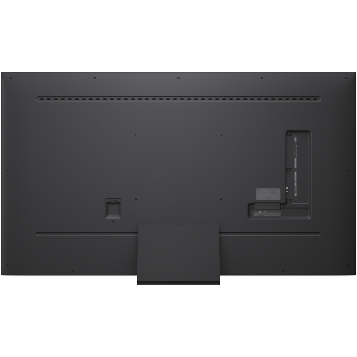 L'arrière d'une grande télévision gris foncé. Comprend des ports, un support et des trous de ventilation sur le bord supérieur.