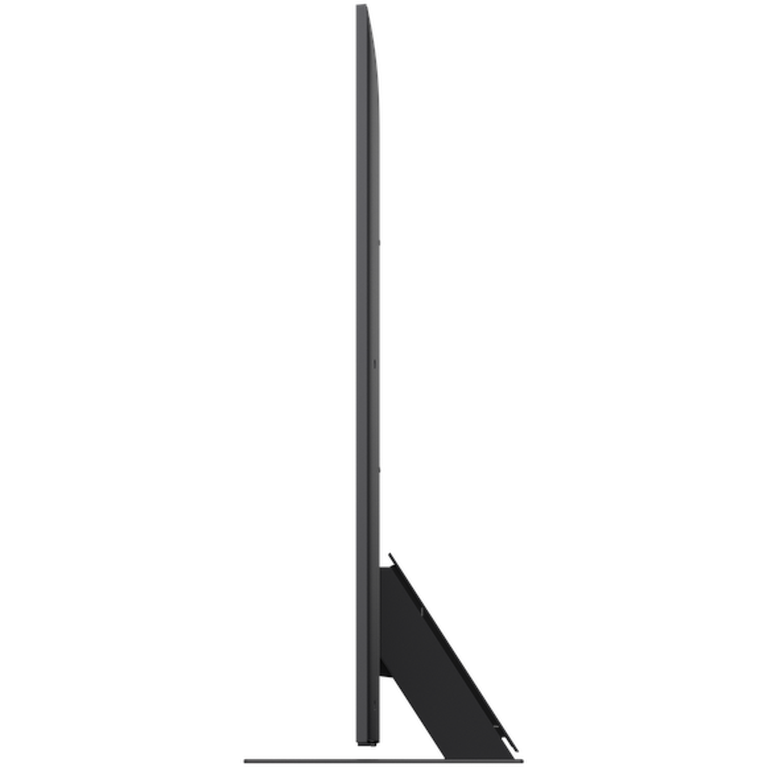 Vue latérale d'une fine télévision noire sur un support. L'écran du téléviseur est sombre. Le support est également noir et incliné.