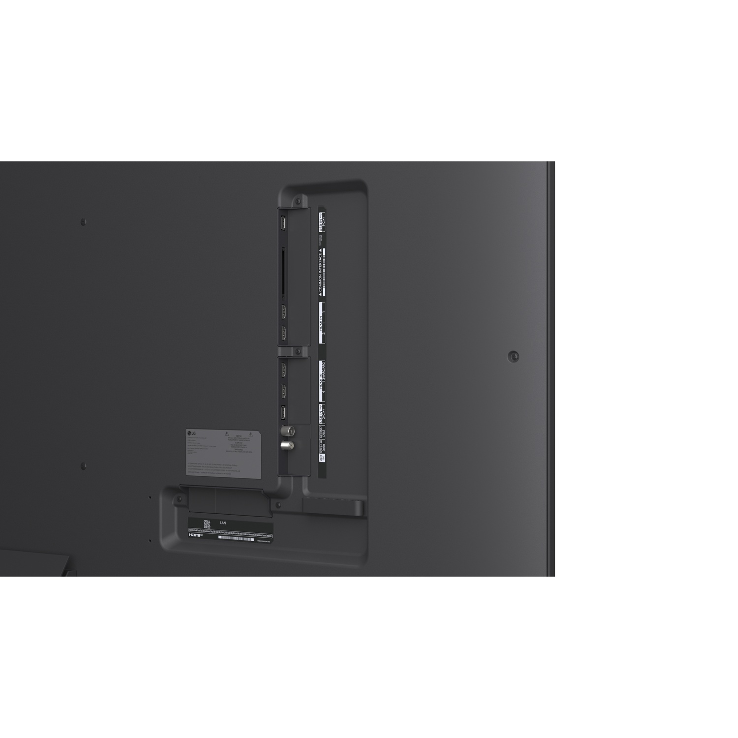 Close-up of a dark grey TV back panel with various ports, including HDMI, USB, and LAN. Some labels and a sticker are visible.