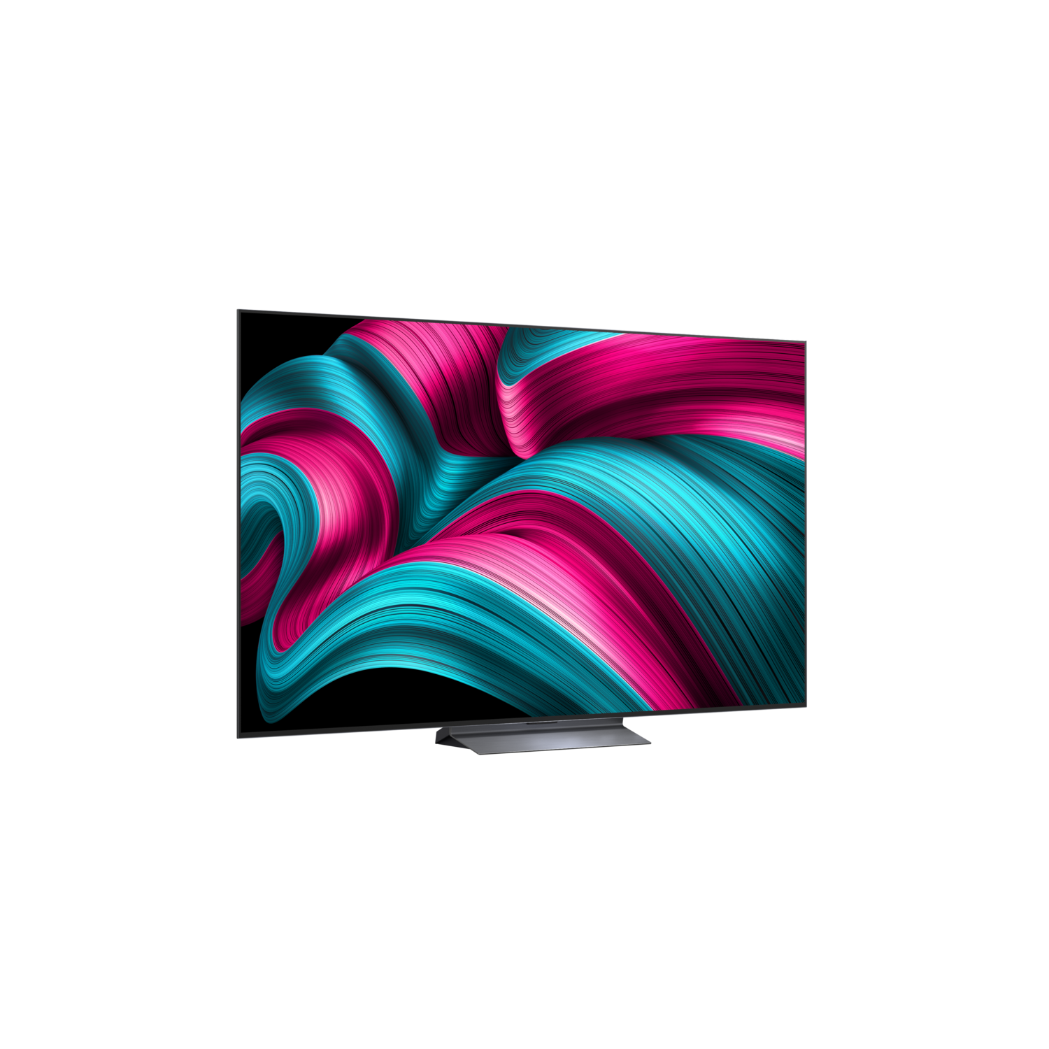 Un écran de télévision affiche des lignes ondulées roses et bleues abstraites sur fond noir.