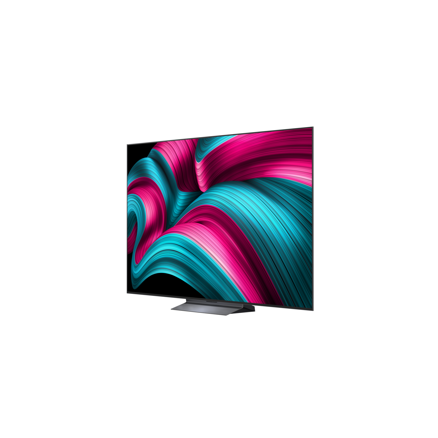 Téléviseur affichant un motif fluide de rose et de bleu sur fond noir.