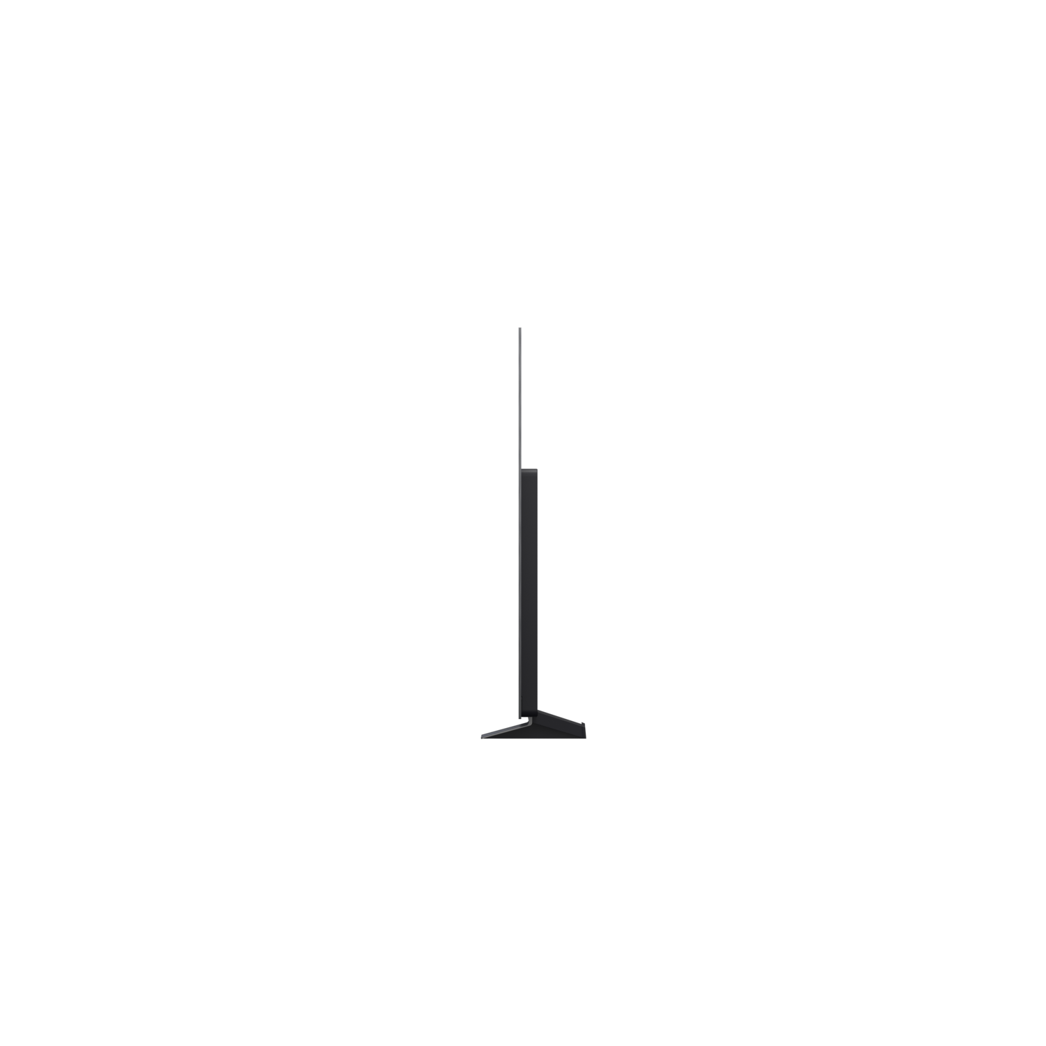 Vue latérale de la télévision. Écran et support noirs. Fond noir.