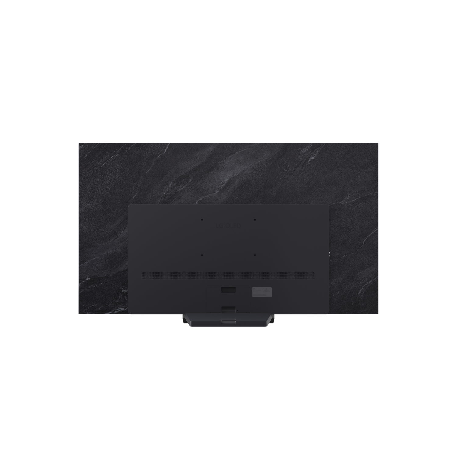 Vue arrière d'un téléviseur noir sur fond noir imitation marbre avec un support.