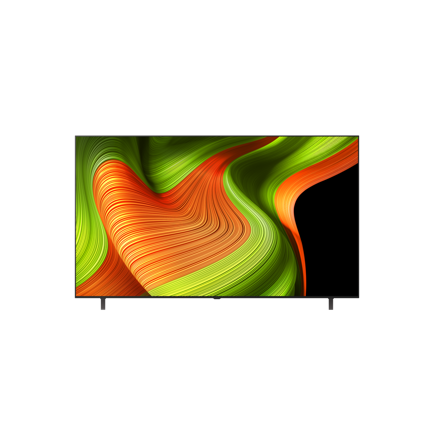 Un écran de télévision avec un design abstrait tourbillonnant vert et orange.