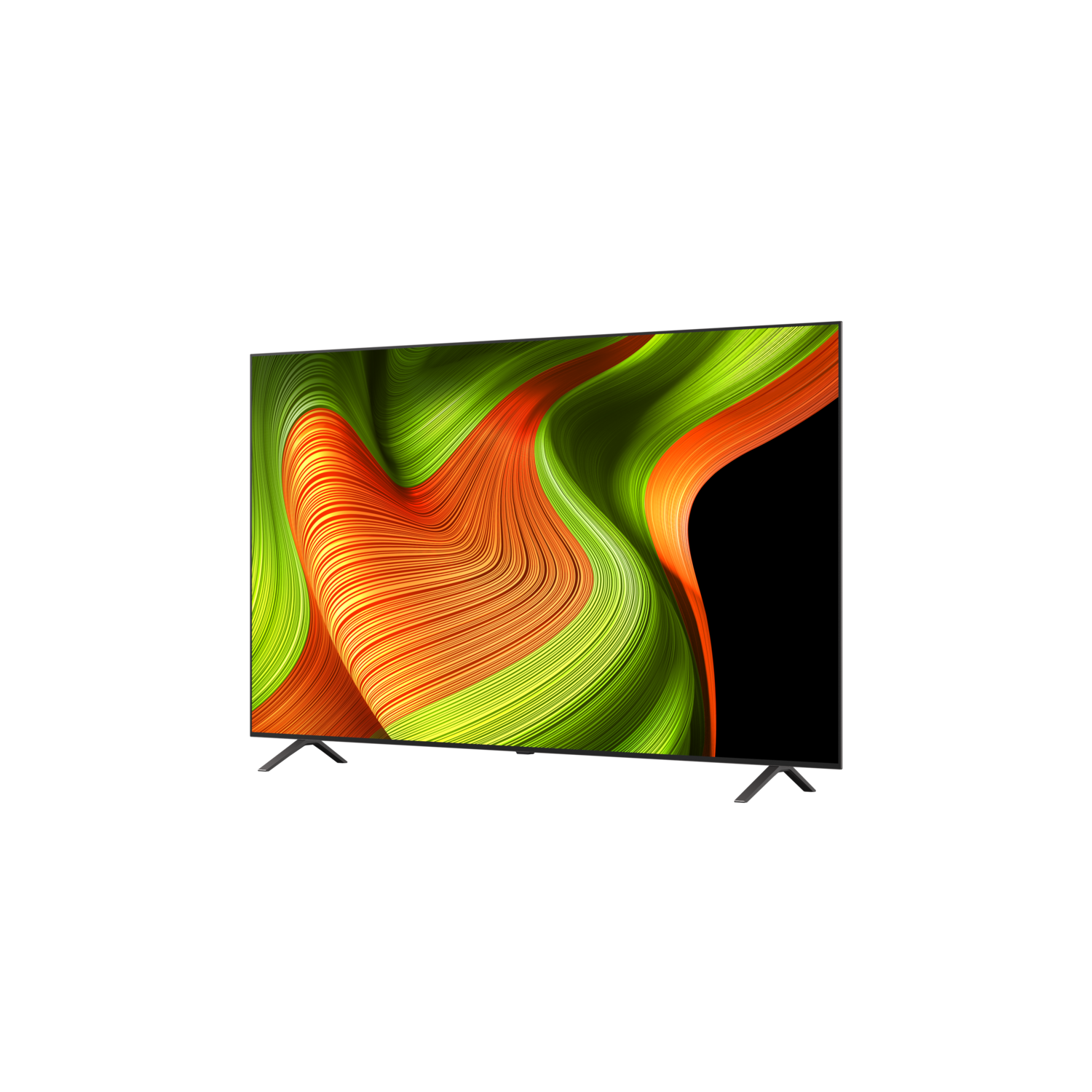 TV avec design abstrait vert et orange, pieds noirs, fond noir.