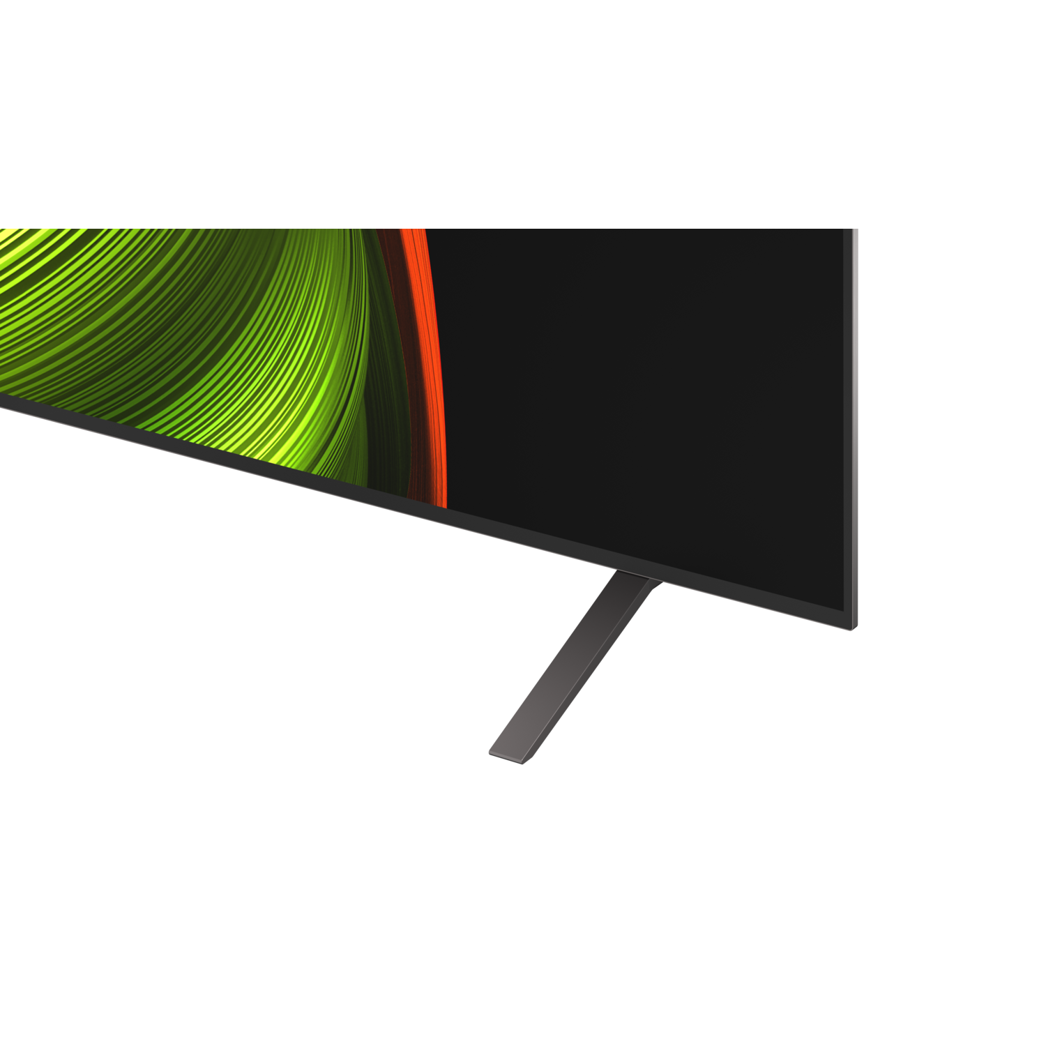 A close-up of a TV screen with a curved display and a stand.