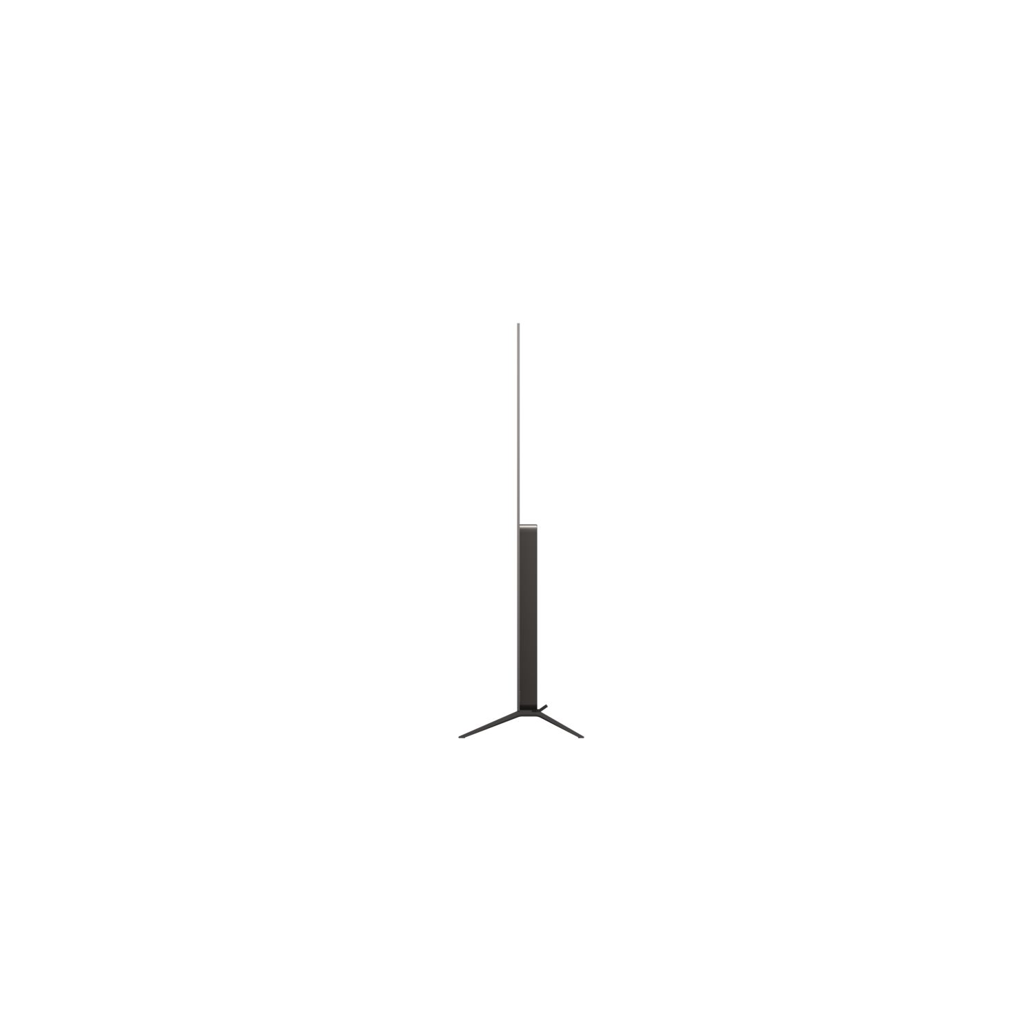 A sleek, modern television, seen from the side, with a dark screen and a simple stand.