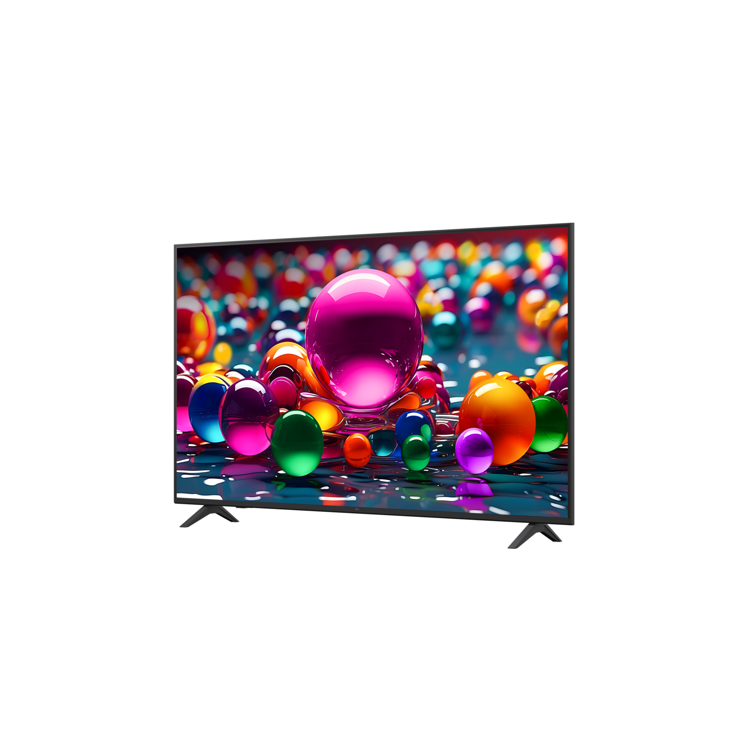 Tv met kleurrijke bollen op een zwarte achtergrond. De tv staat op een standaard.