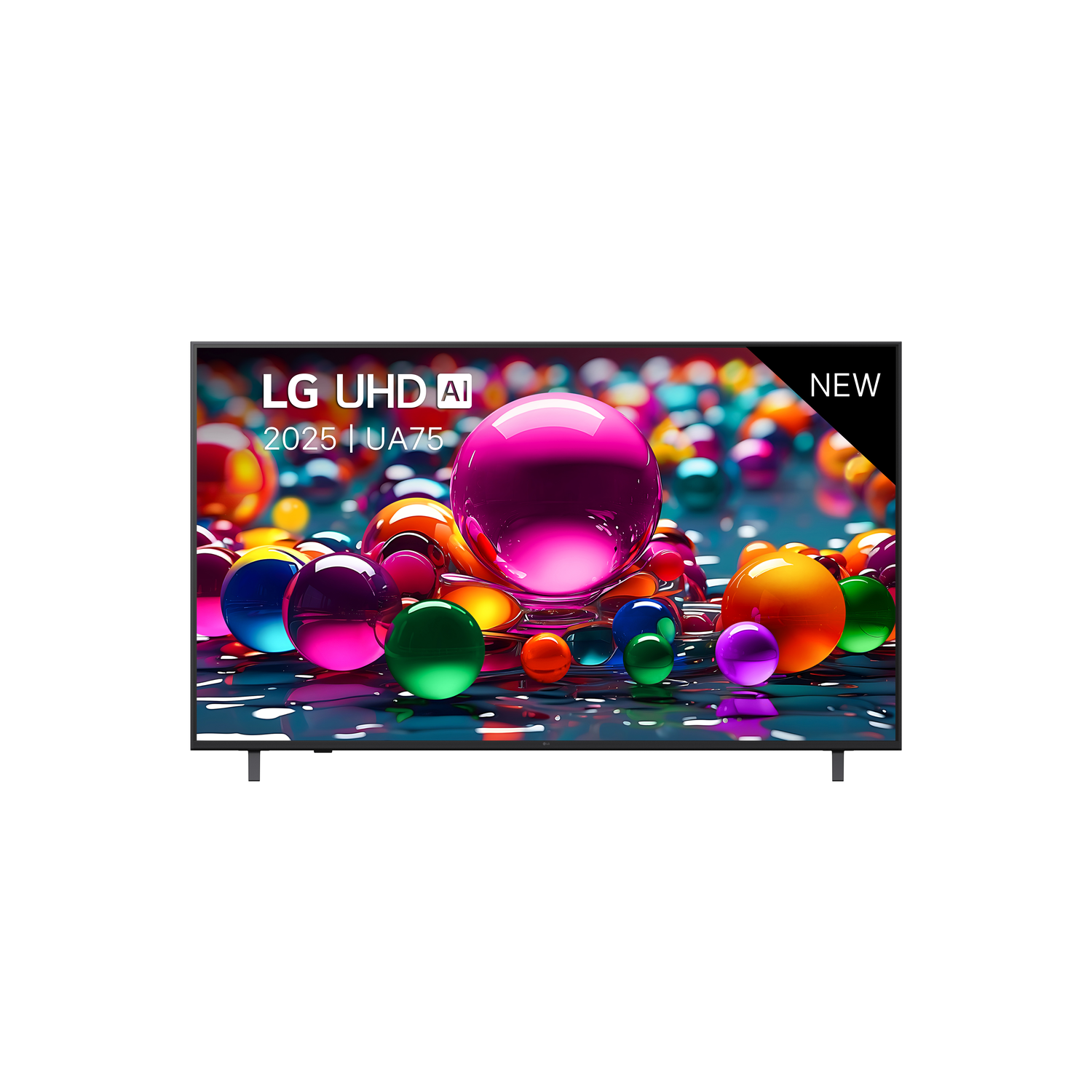 LG UHD AI TV-scherm met kleurrijke bollen, met NIEUW-label. Zwart frame en standaard.