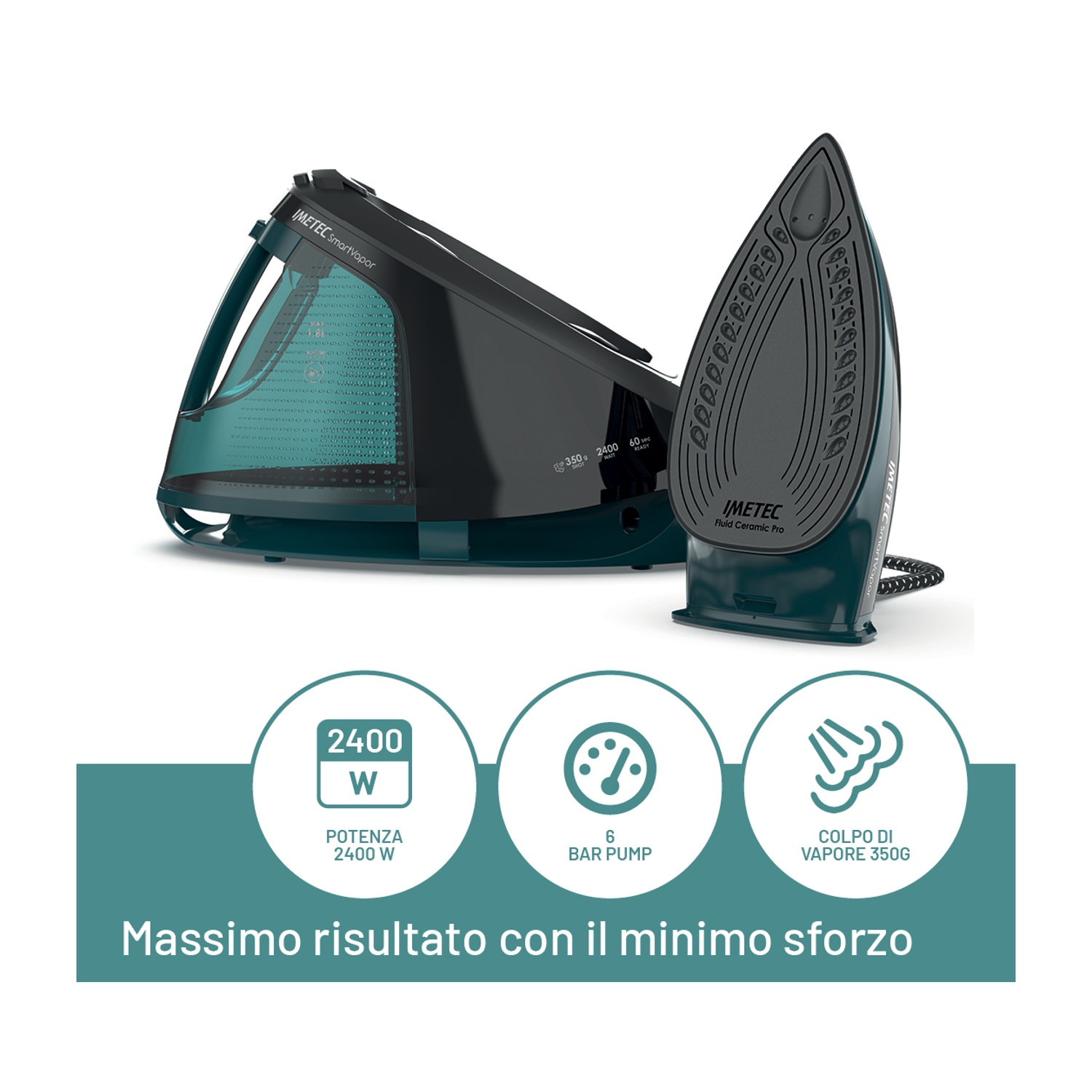 Sistema stirante con ferro e base, mostra caratteristiche e testo.