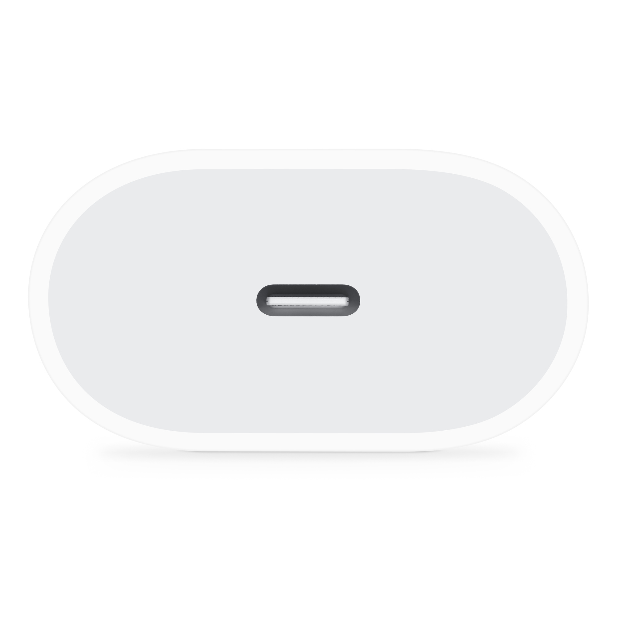 Cargador blanco con puerto USB-C. Forma ovalada, color blanco, un solo puerto para cargar dispositivos.