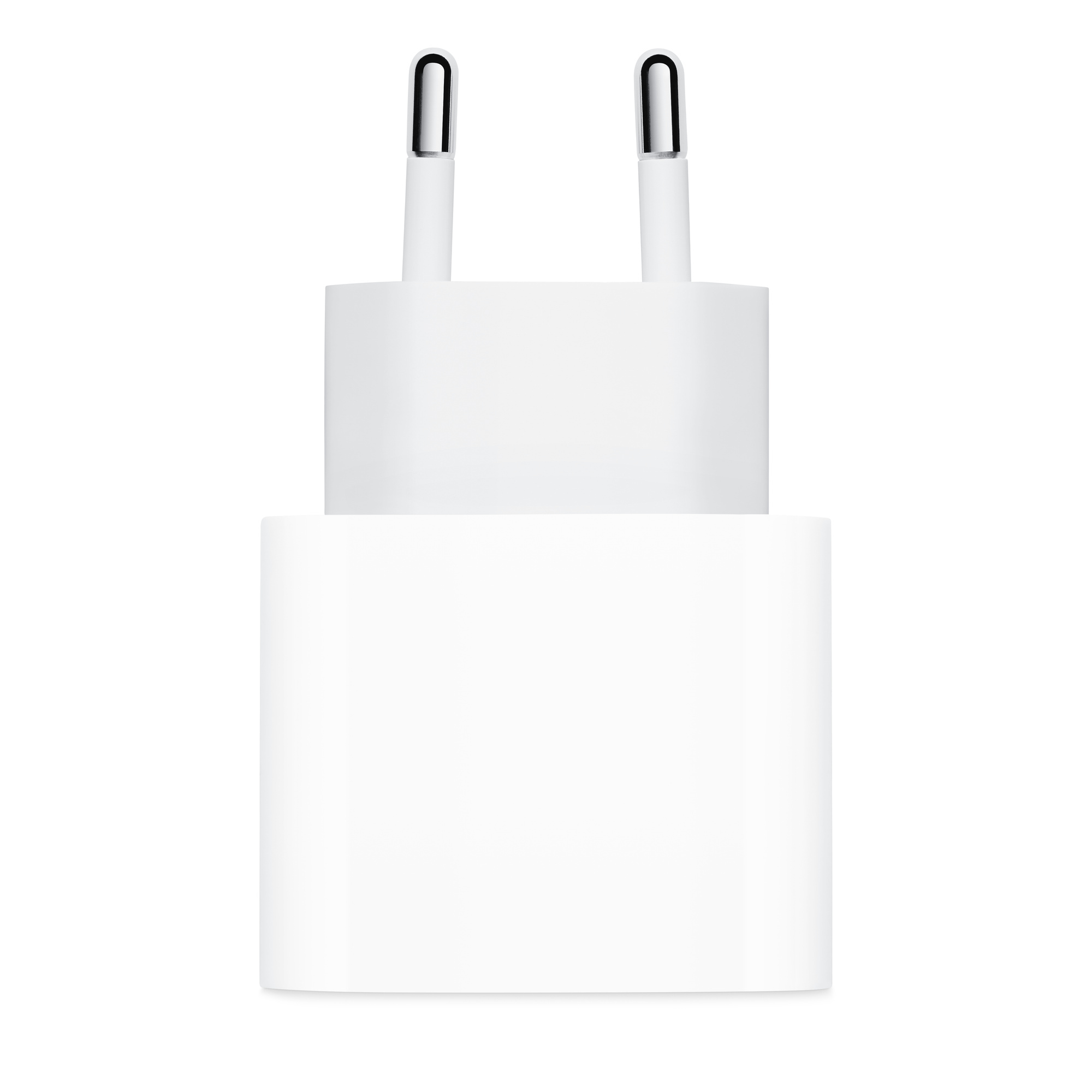 Cargador Apple blanco con dos clavijas metálicas y un cuerpo cuadrado.
