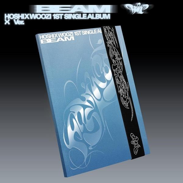 Blaues Albumcover für HoshiXWoozi's 1st Single Album, BEAM. Weiße Text- und Designelemente sind darauf.