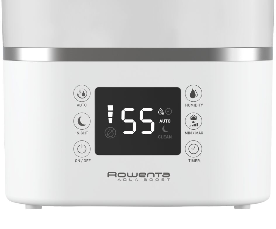 Un humidificador blanco con una pantalla digital.