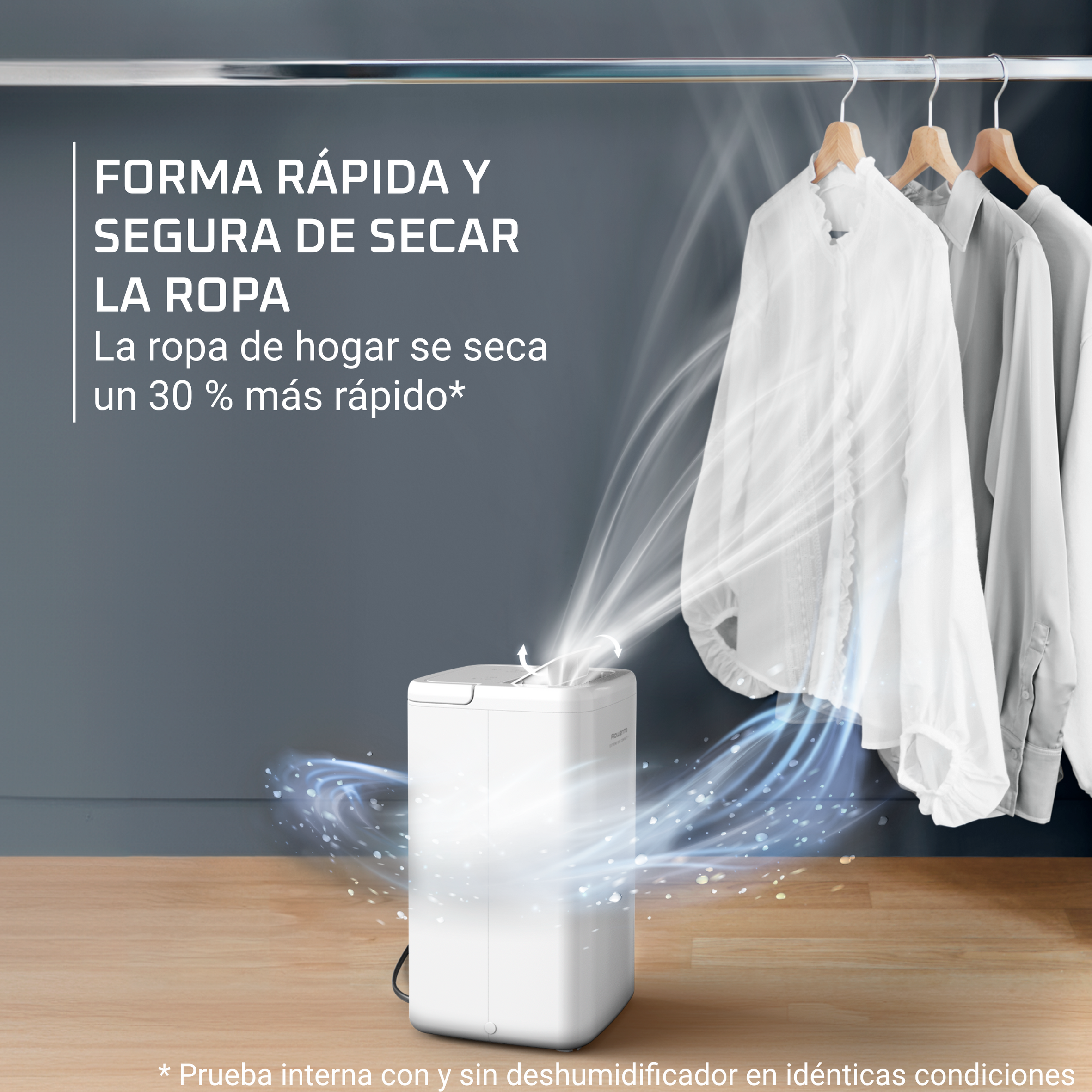 Una secadora blanca con ropa en perchas. El aire sopla hacia la ropa.