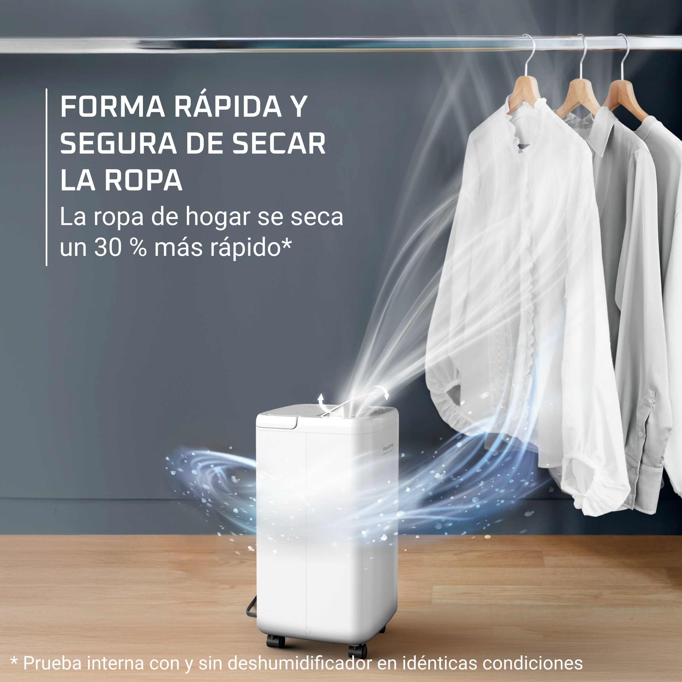 Una máquina blanca para secar ropa con camisas colgadas dentro, y texto en español.