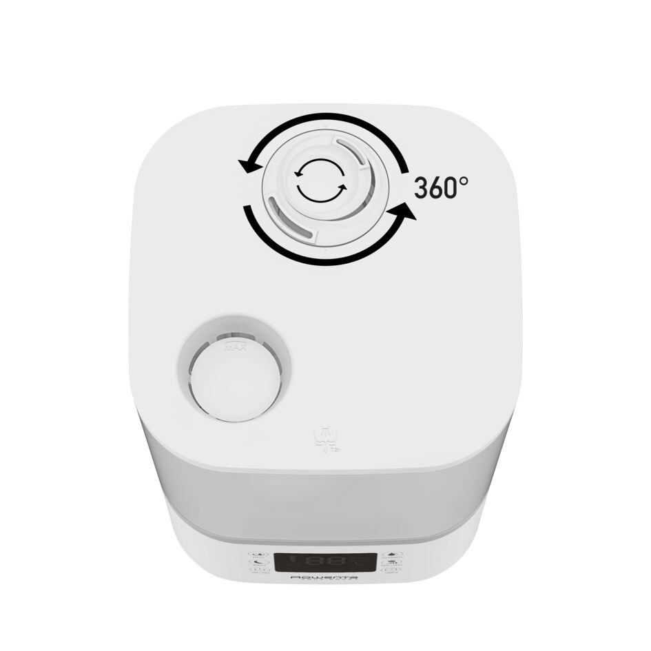 Humidificador blanco, vista superior, con flechas giratorias y pantalla.