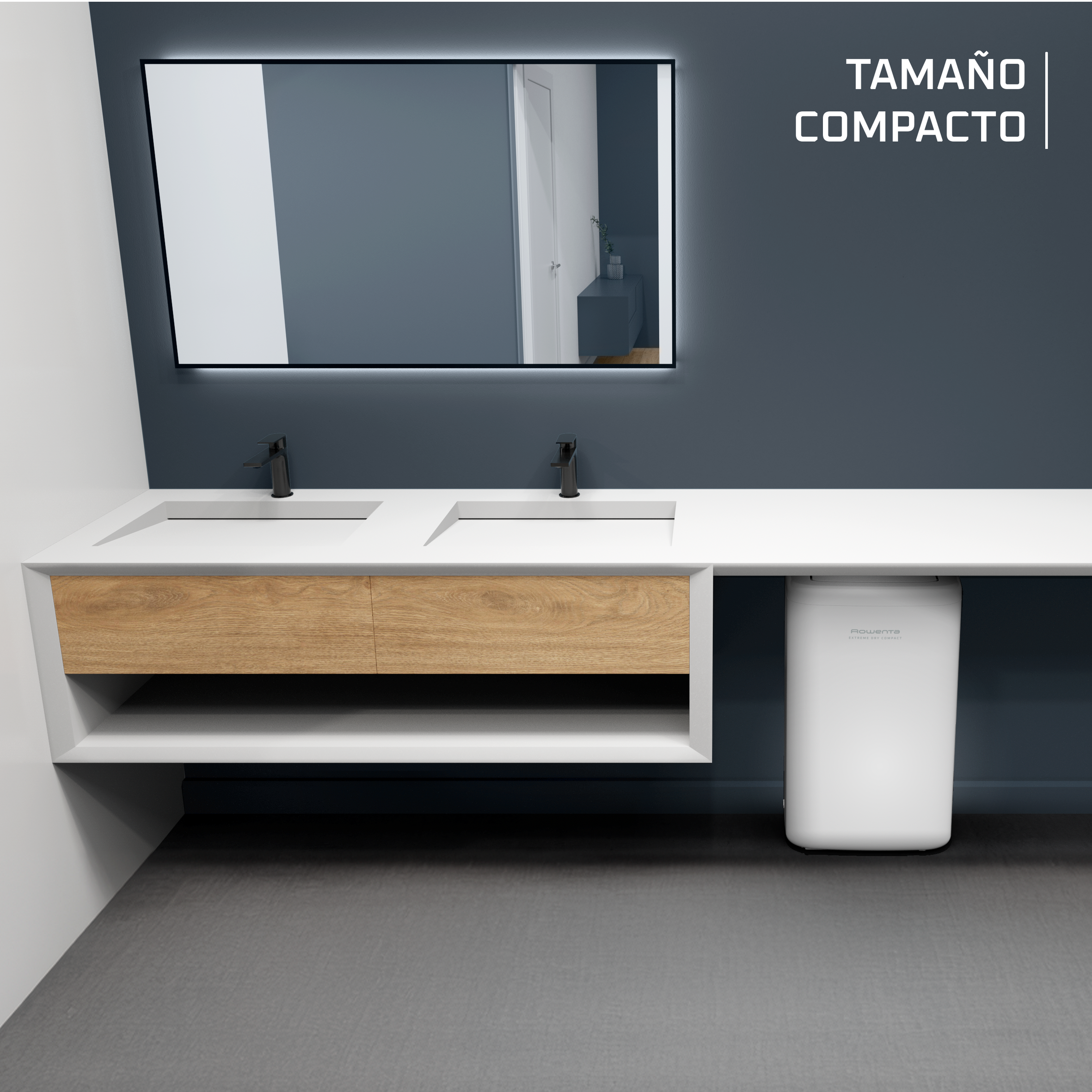 Baño moderno con lavabo doble, espejo grande y armario blanco.
