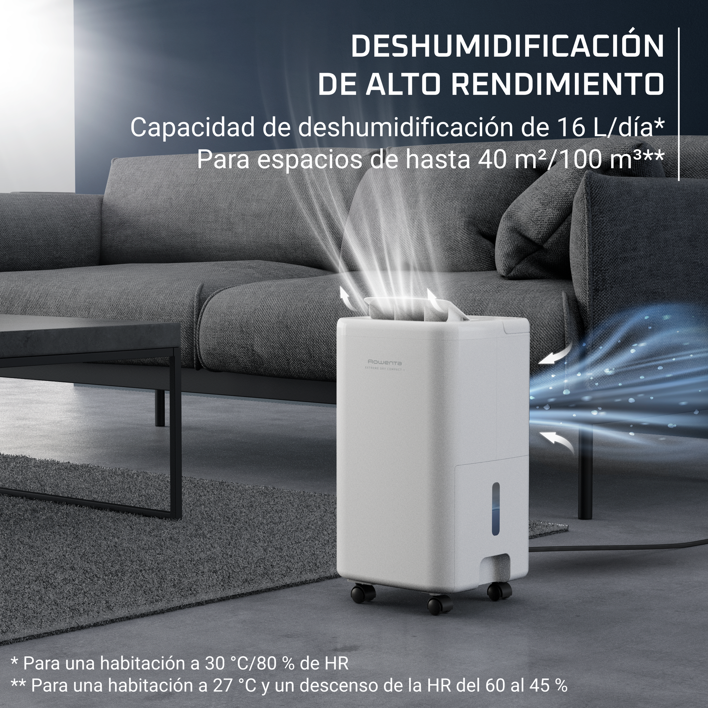 Deshumidificador con cuerpo blanco y flechas que indican el flujo de aire.