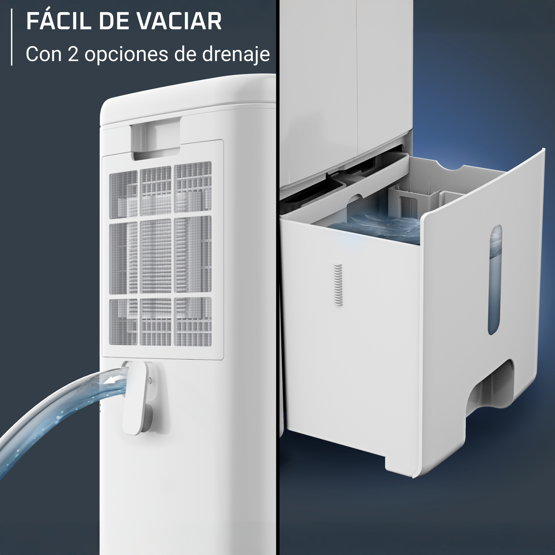 Un electrodoméstico blanco muestra un desagüe de agua y un recipiente de agua. Texto: 'FÁCIL DE VACIAR'.
