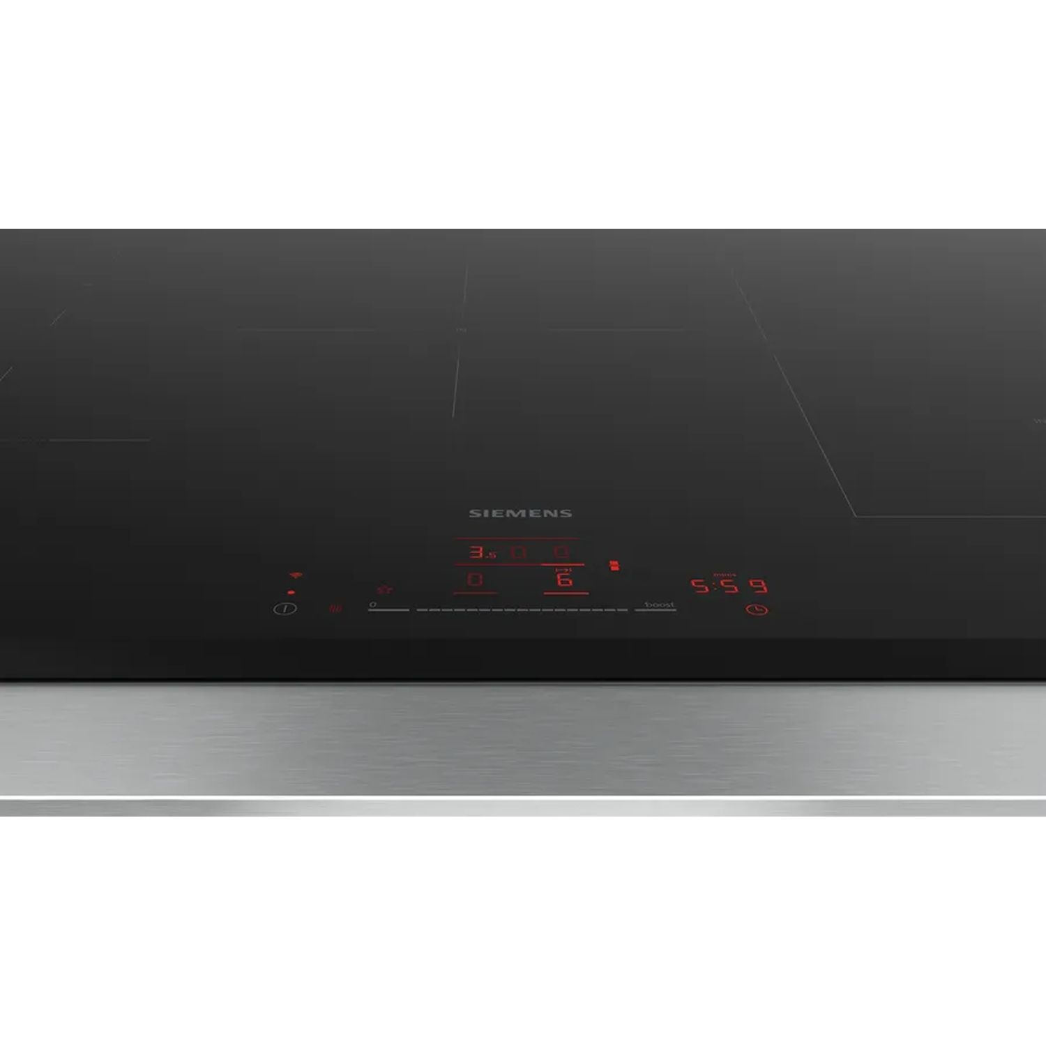 Black induction cooktop with red digital display. Siemens logo visible. Stainless steel frame.