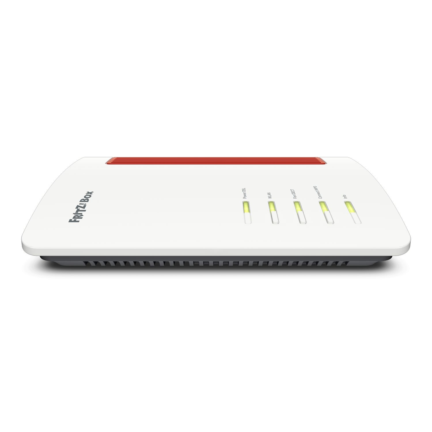 Een witte Fritz!Box-router met rode ventilatiesleuven en brandende groene status-leds op het voorpaneel.