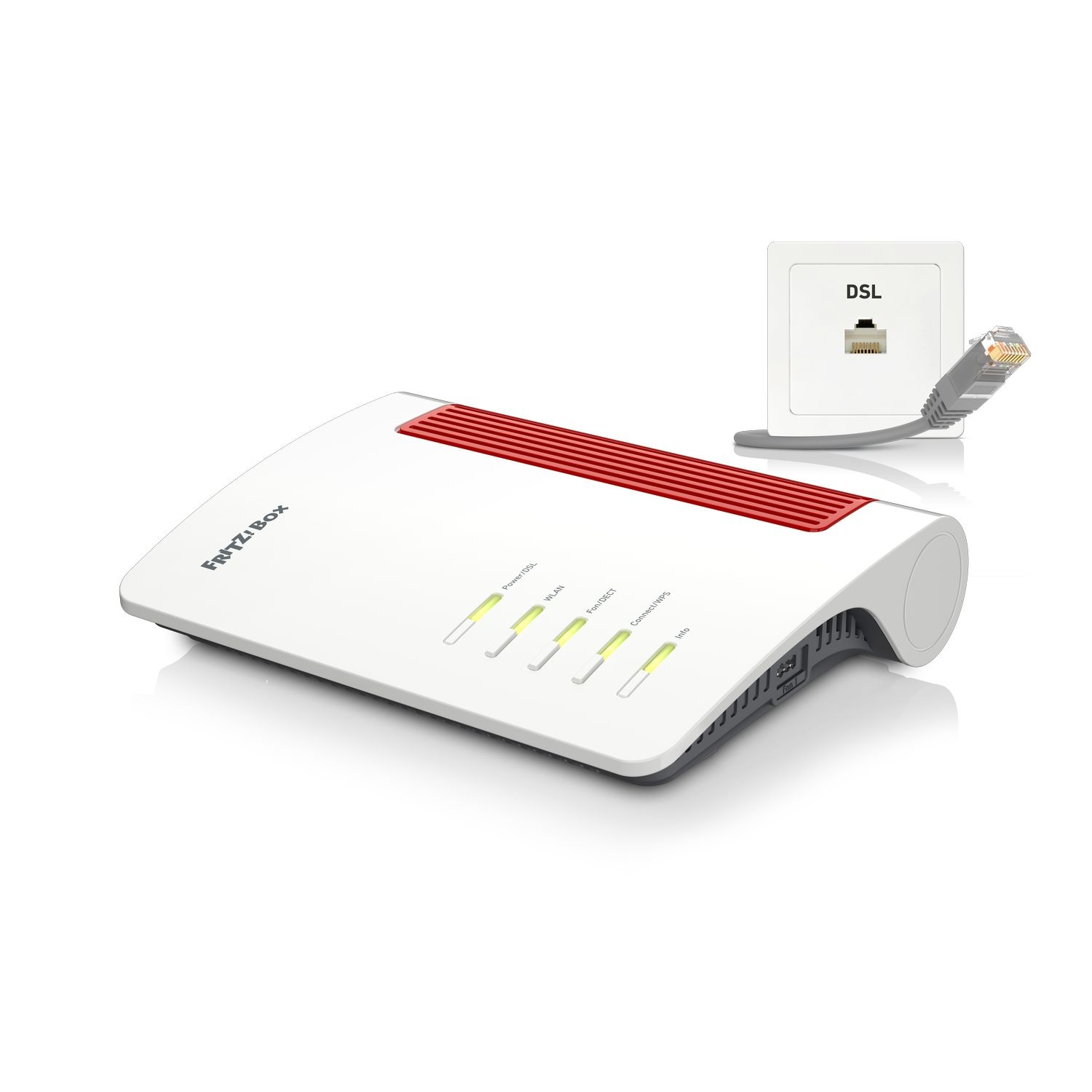 Een wit-rode FRITZ!Box-router aangesloten op een witte DSL-wandcontactdoos.