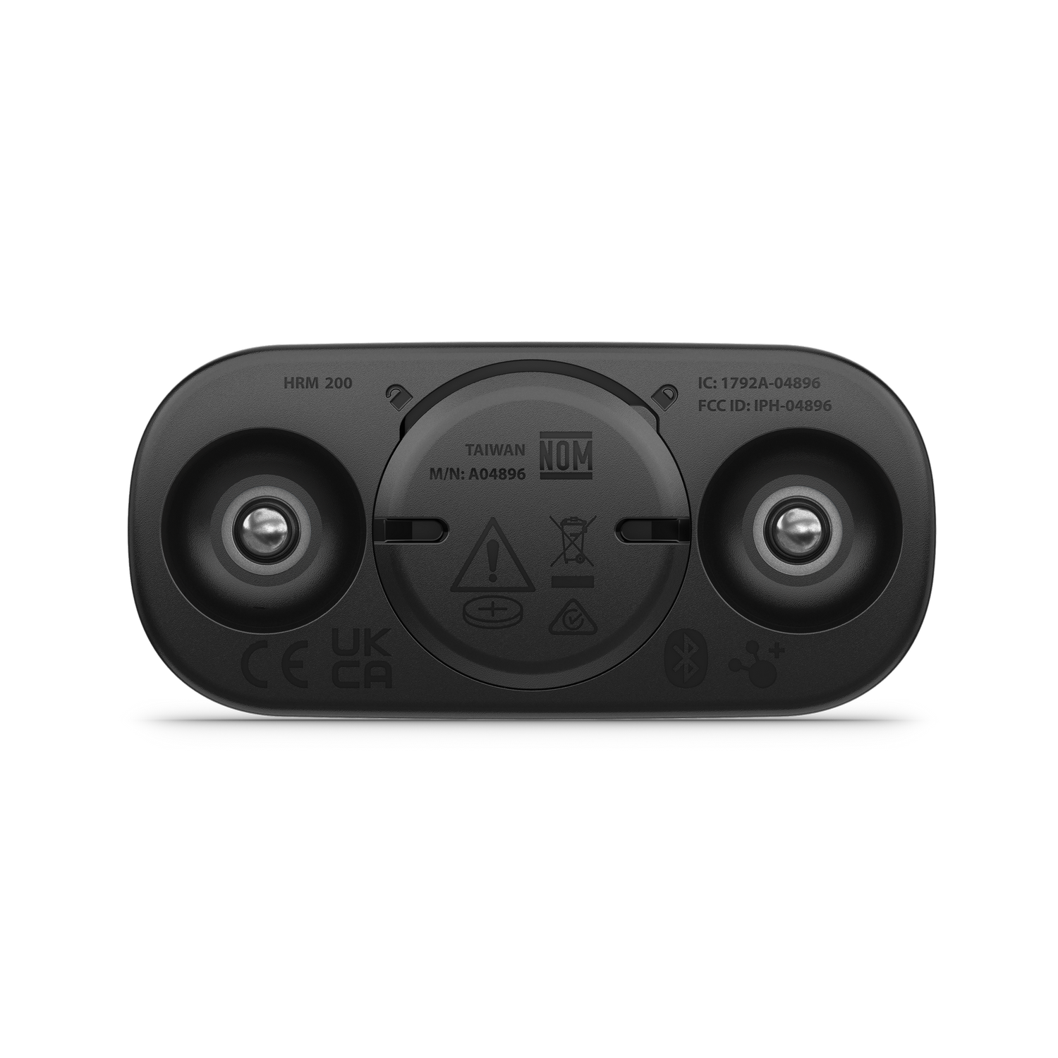 Dispositivo HRM 200 negro con varias marcas y símbolos, incluyendo información reguladora e icono Bluetooth, sobre fondo gris.