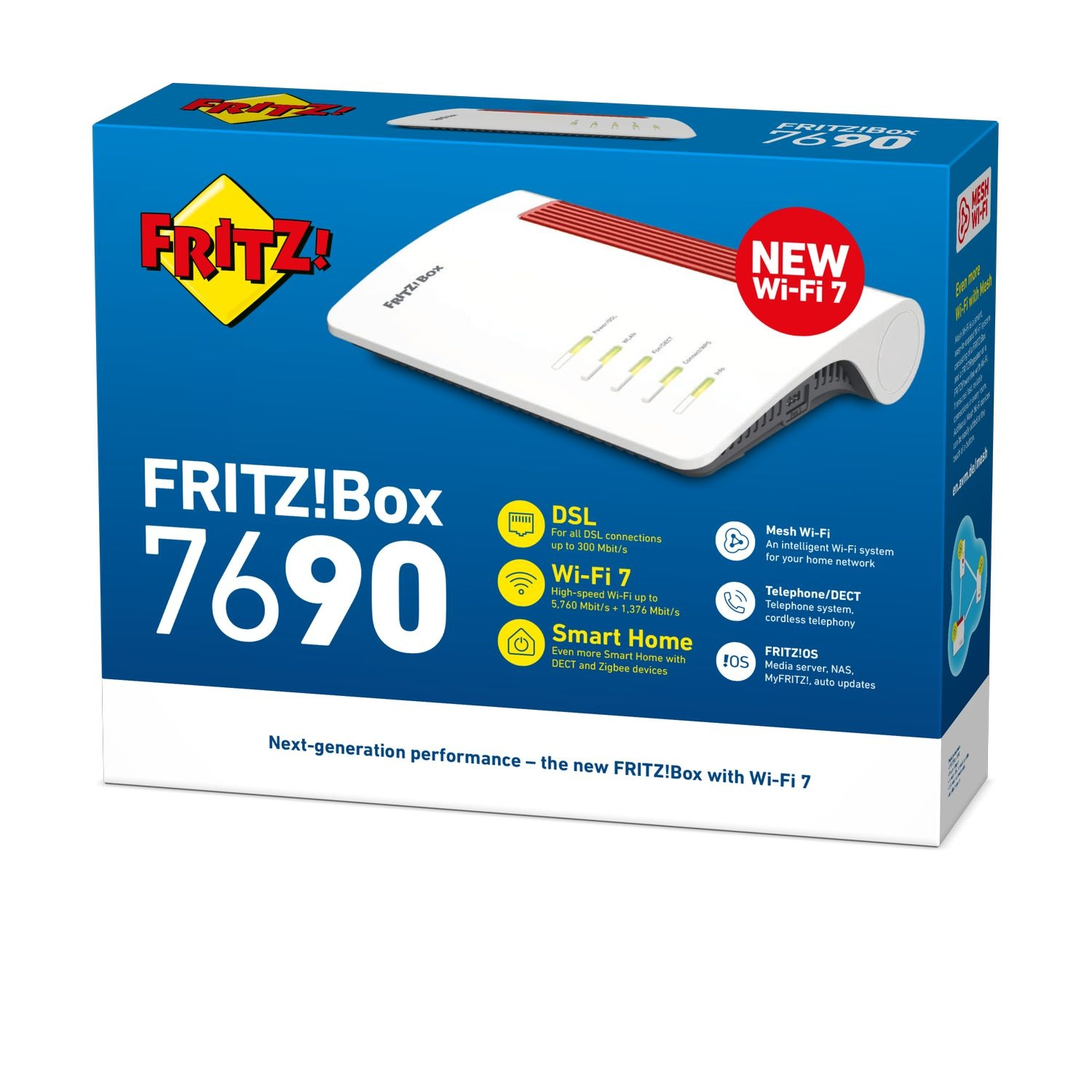 Blauwe FRITZ!Box 7690 productverpakking met de witte router en functiepictogrammen.