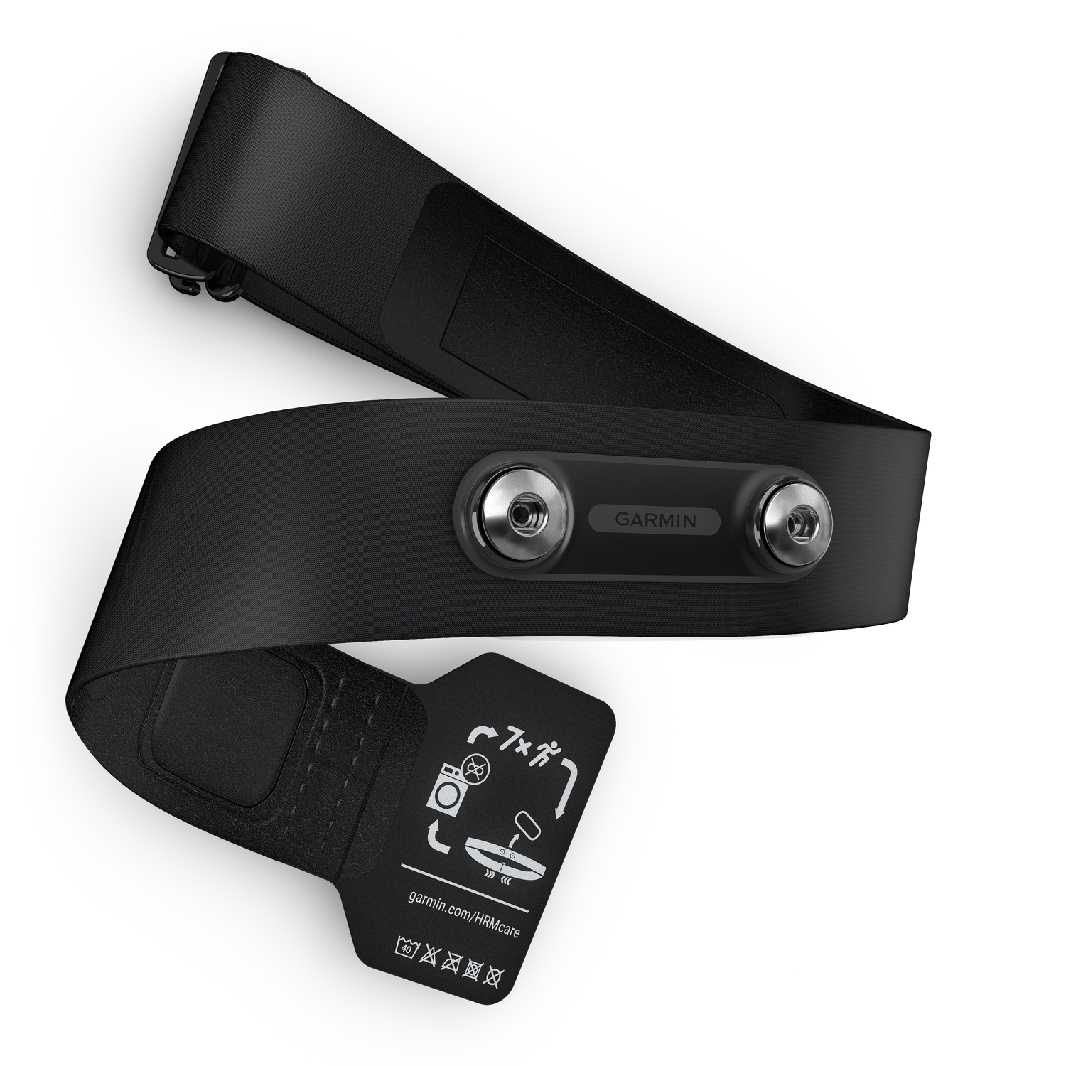 Monitor de frecuencia cardíaca Garmin, correa negra con sensor y marca.