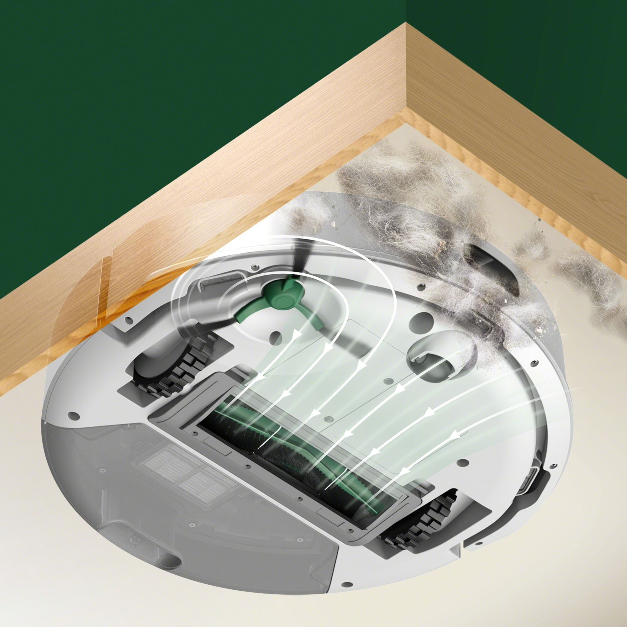 Robot sprzątający z widokiem przekrojowym, ilustrującym czyszczenie. Widoczne są włosy i zanieczyszczenia.