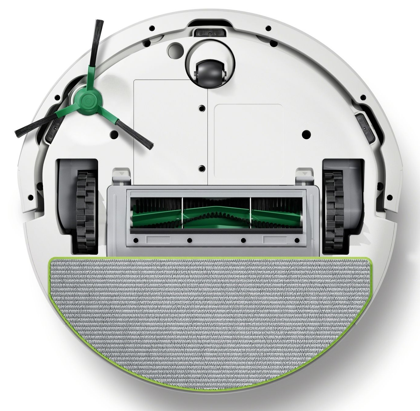 Widok od spodu białego robota sprzątającego.
