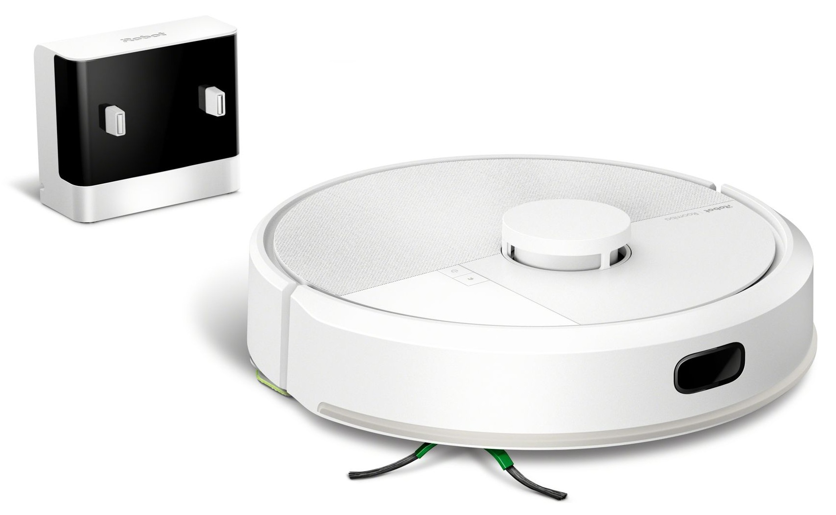 Biały odkurzacz robot z jego stacją ładującą na białej powierzchni.