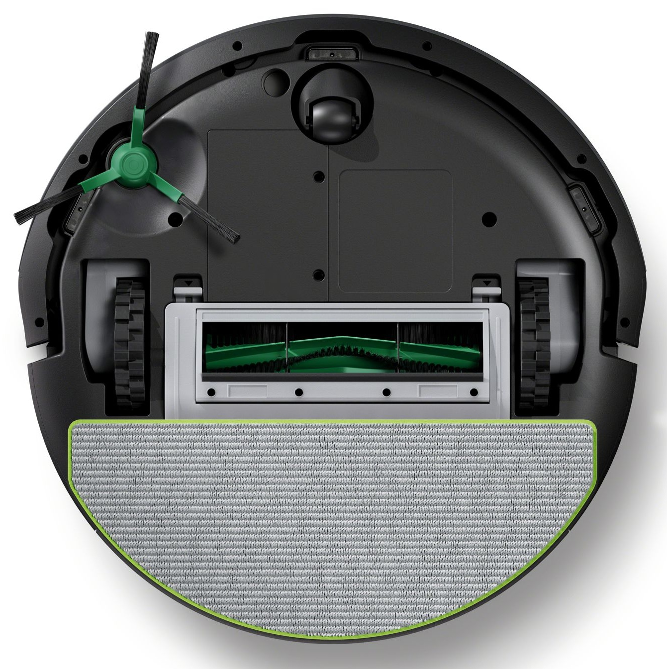 Czarny robot sprzątający, widok od spodu, z zielonymi i szarymi częściami.