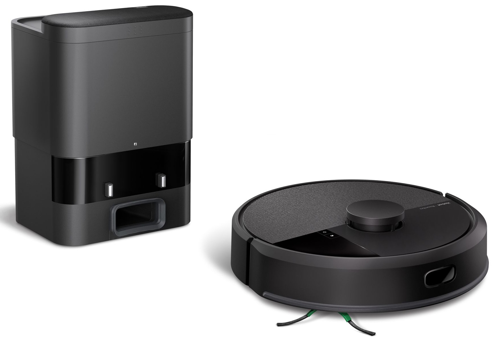 Czarny robot sprzątający i stacja ładująca, oba na białym tle.